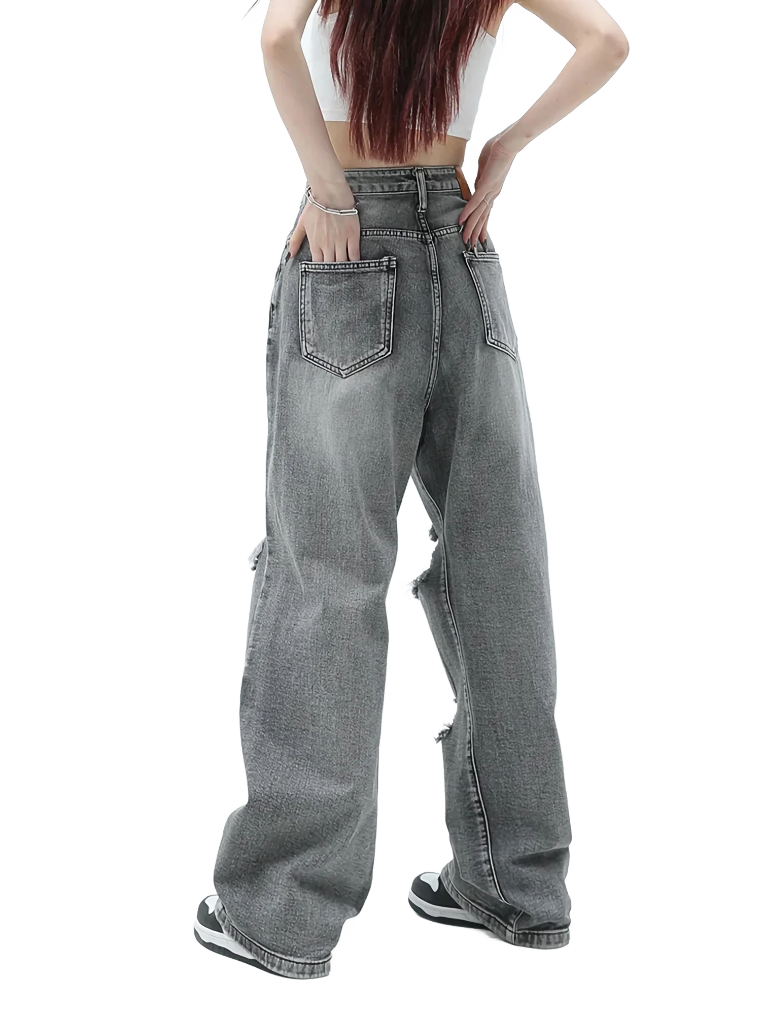 Distressed Gray Wash Baggy Denim Jeans - Image 2