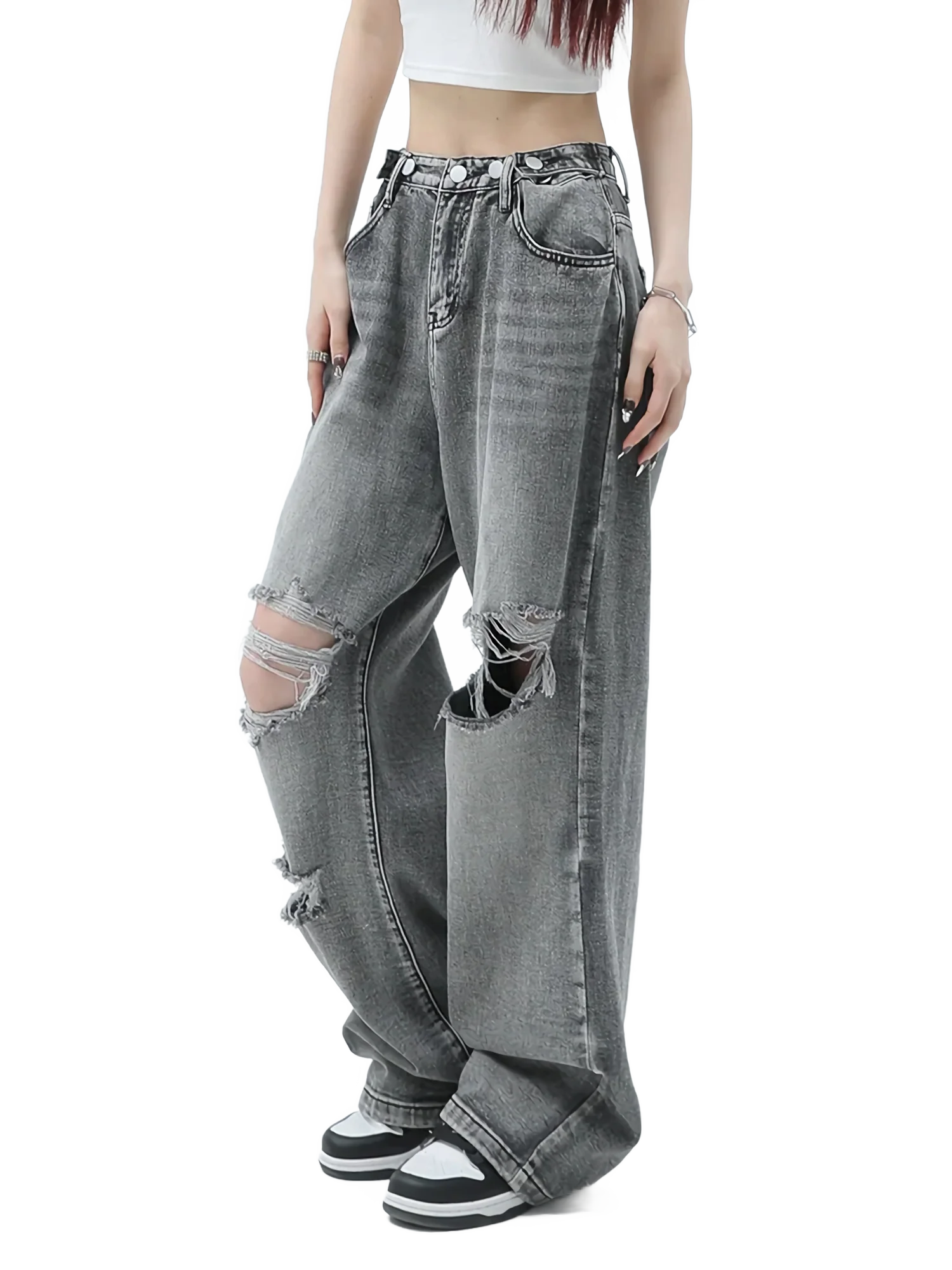 Distressed Gray Wash Baggy Denim Jeans - Image 3