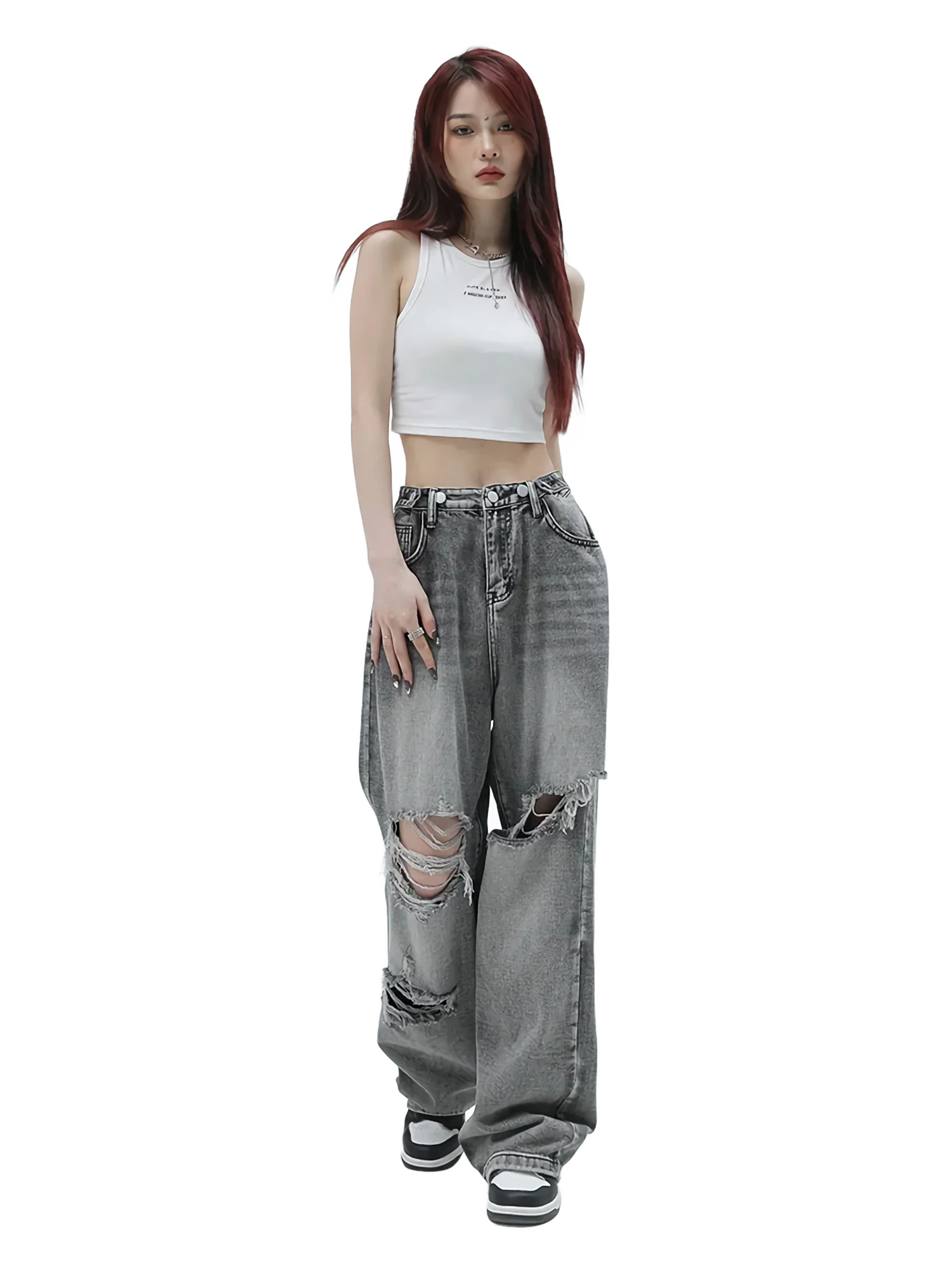 Distressed Gray Wash Baggy Denim Jeans - Image 4