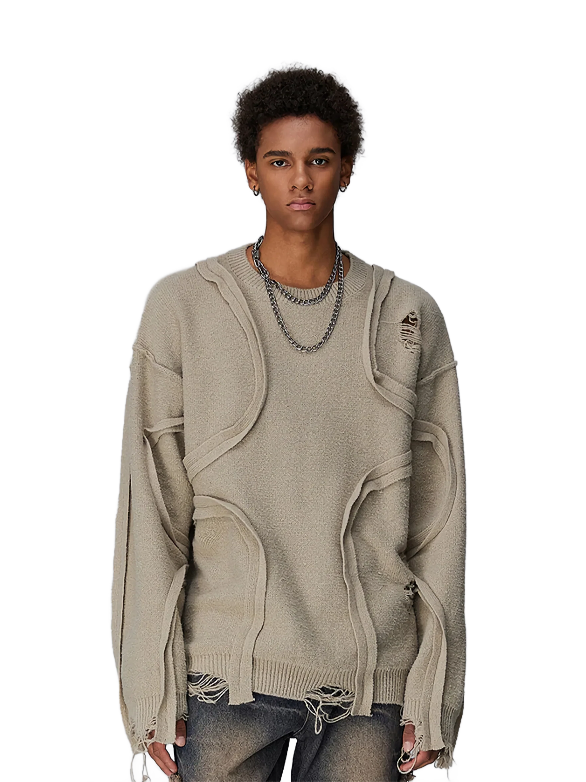 Distressed Loop-Textured Sweater in Neutral Tone - Image 3