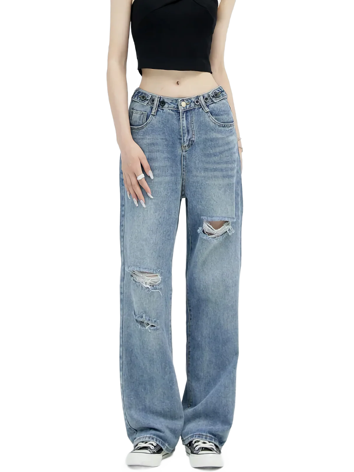 Distressed Straight Leg Denim Jeans