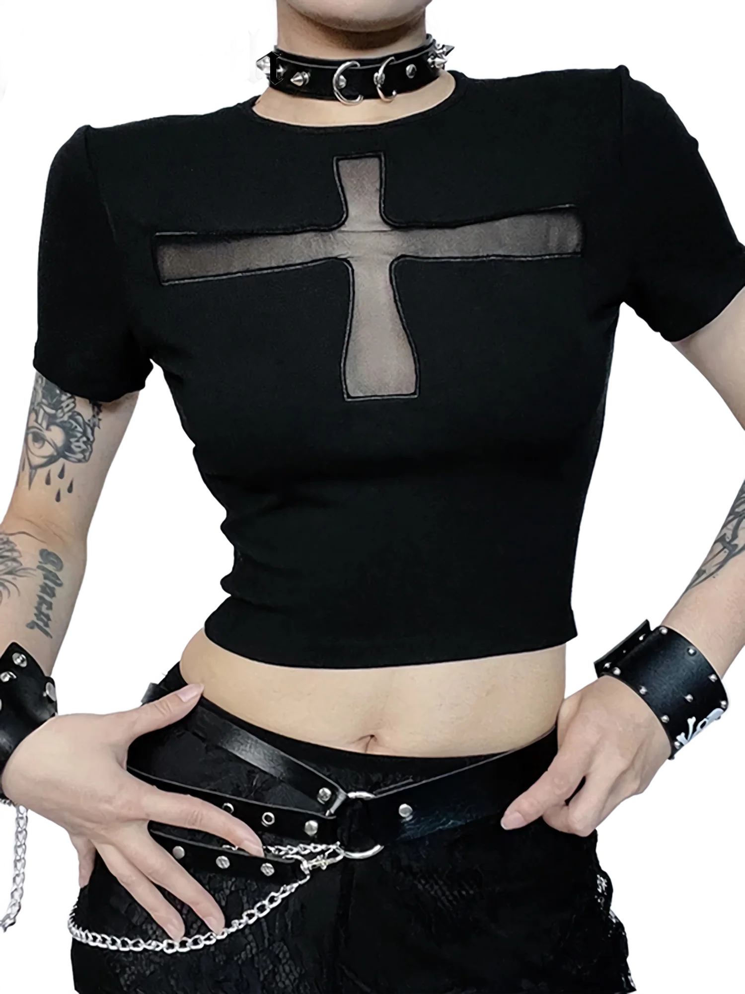 'Divine Silhouette' Mesh Cross Crop Top - Image 2