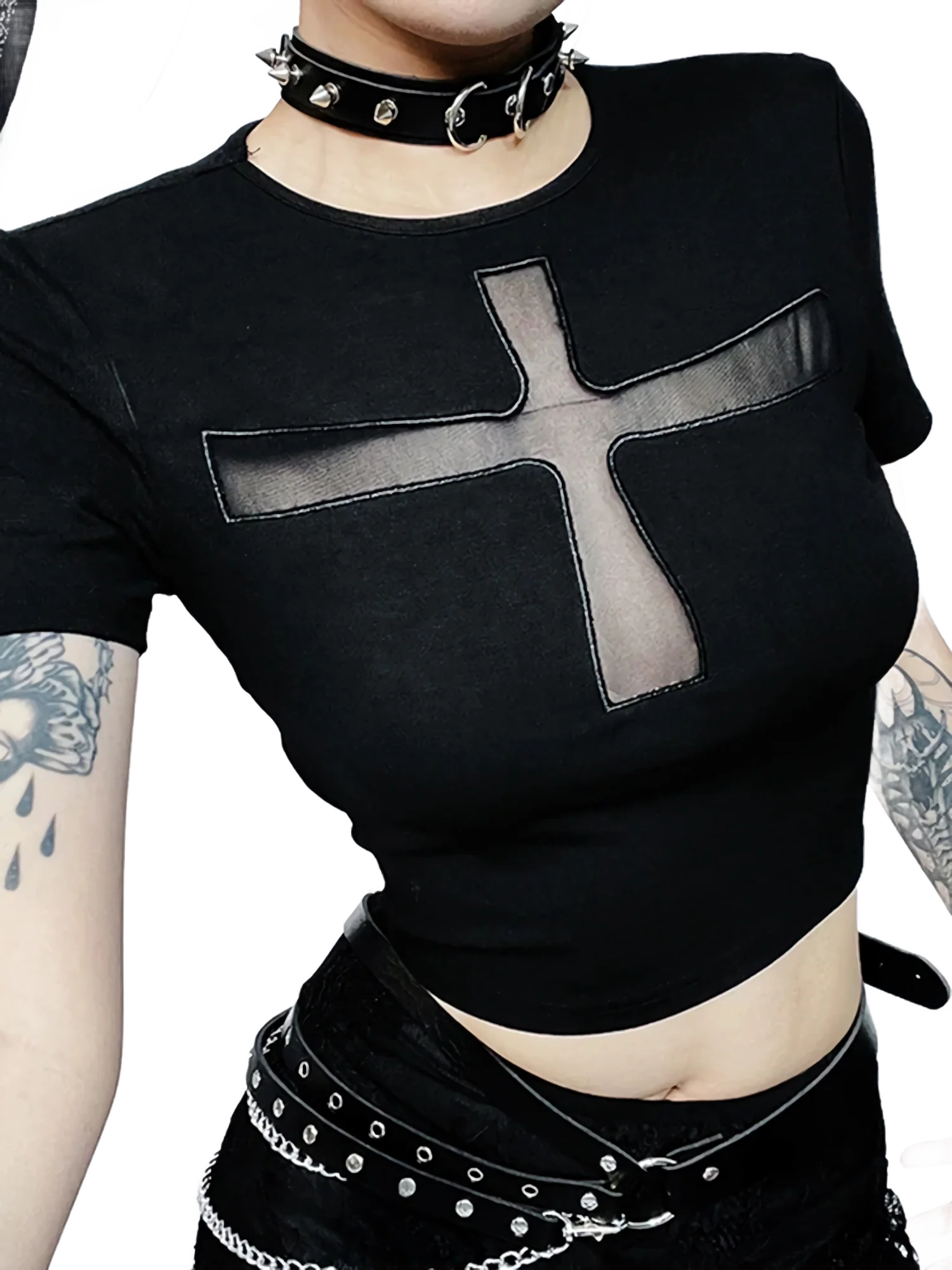 'Divine Silhouette' Mesh Cross Crop Top - Image 3