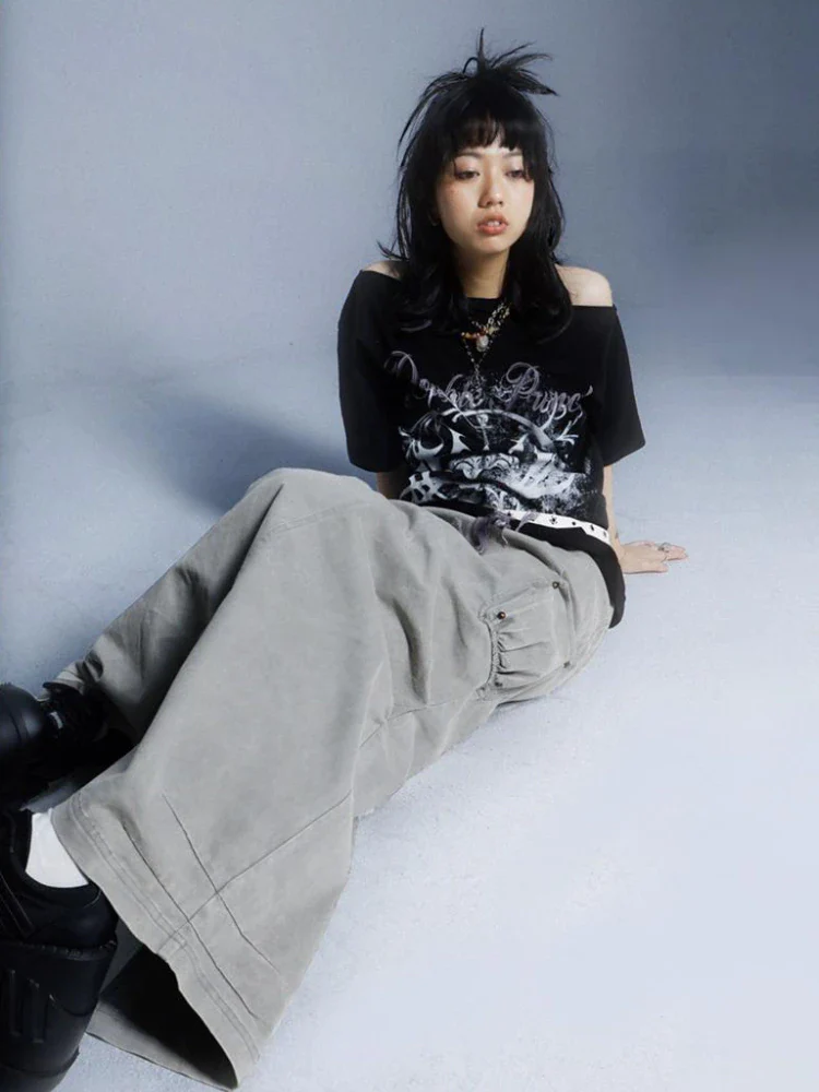 'Double Punch' Off Shoulder Y2K Grunge Women's Tee - Image 3