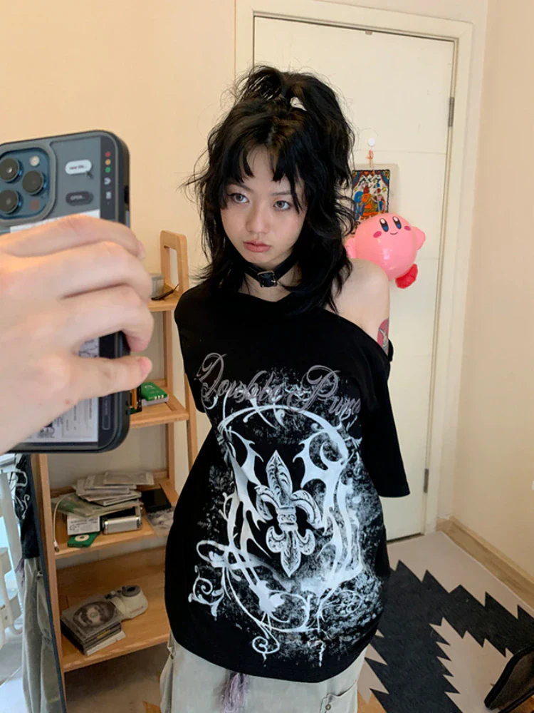 'Double Punch' Off Shoulder Y2K Grunge Women's Tee - Image 5