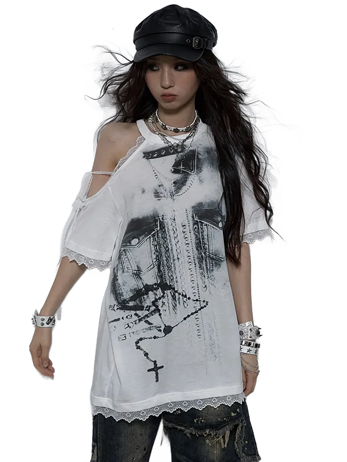 'Eldritch' Abstract Off Shoulder Lace Accent T-Shirt