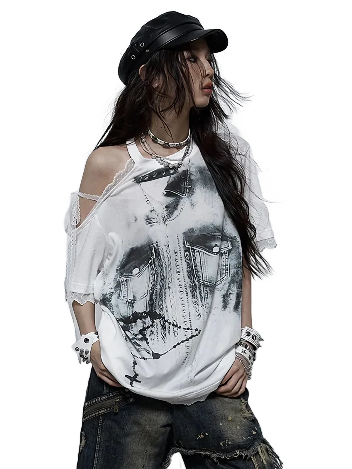 'Eldritch' Abstract Off Shoulder Lace Accent T-Shirt - Image 2
