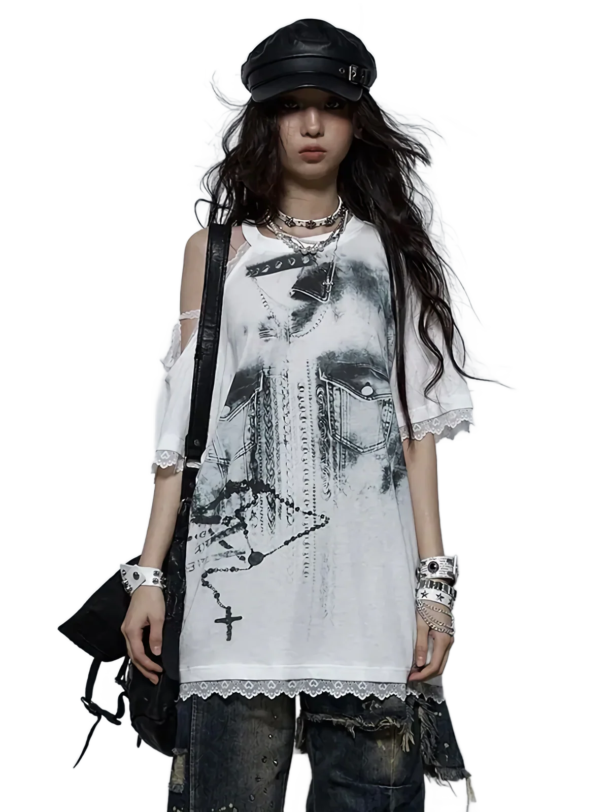 'Eldritch' Abstract Off Shoulder Lace Accent T-Shirt - Image 3
