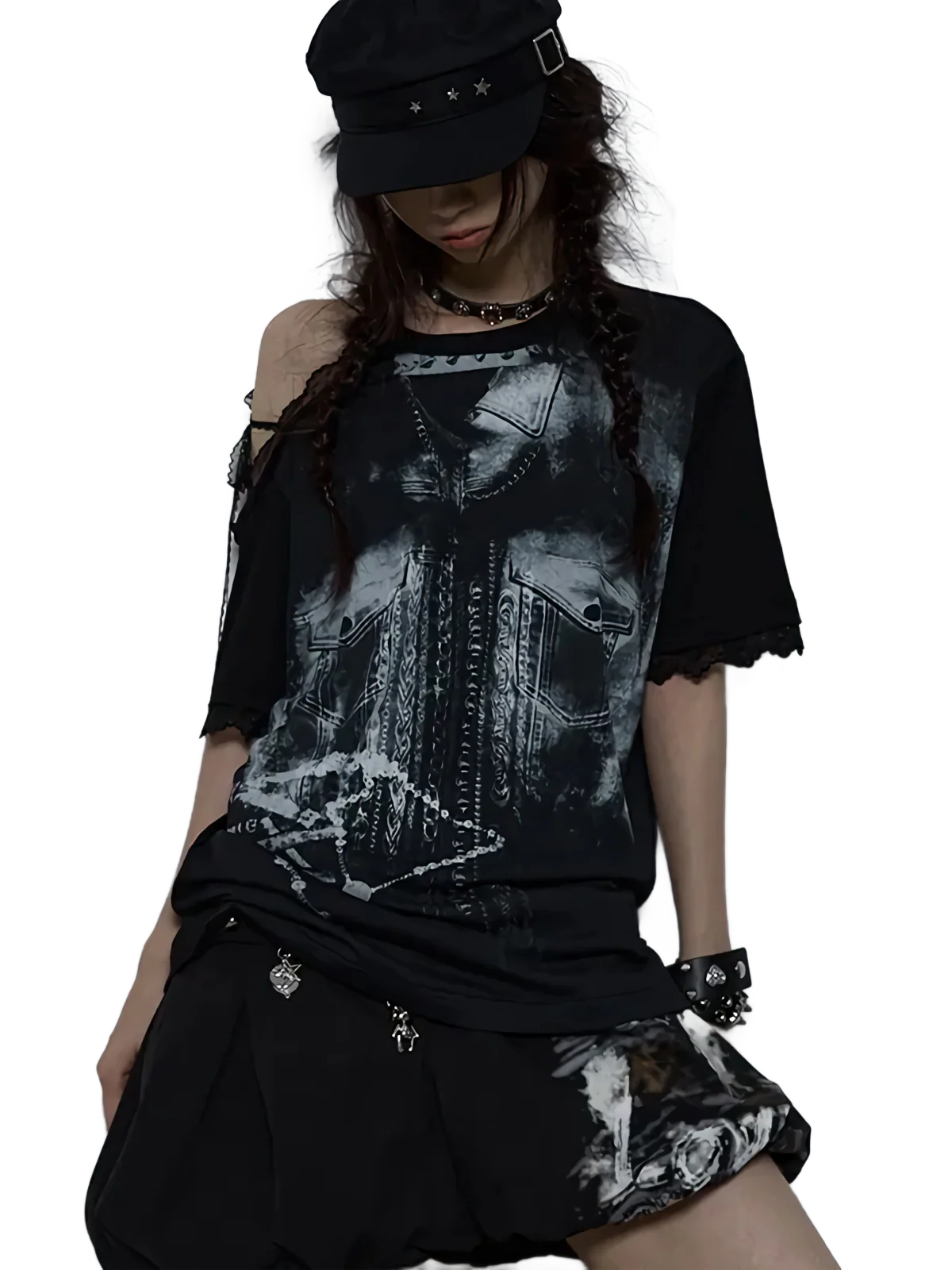 'Eldritch' Abstract Off Shoulder Lace Accent T-Shirt - Image 4