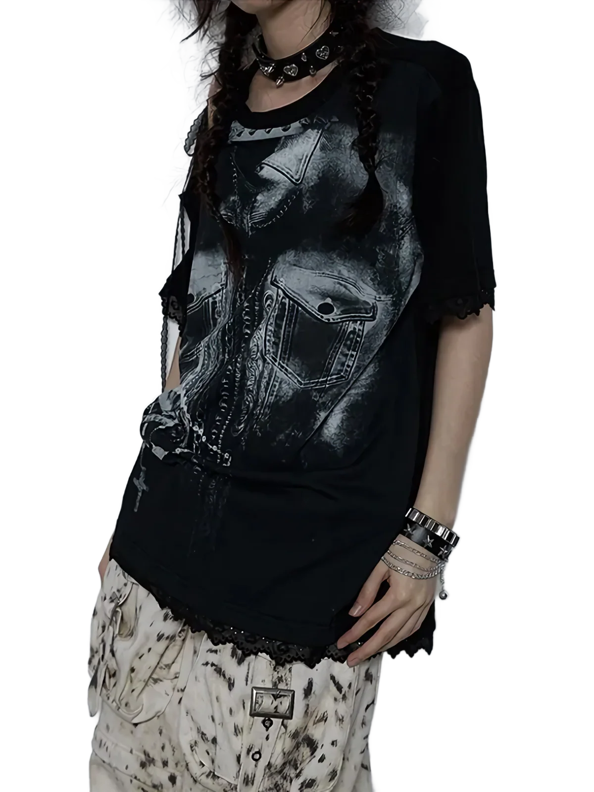 'Eldritch' Abstract Off Shoulder Lace Accent T-Shirt - Image 5