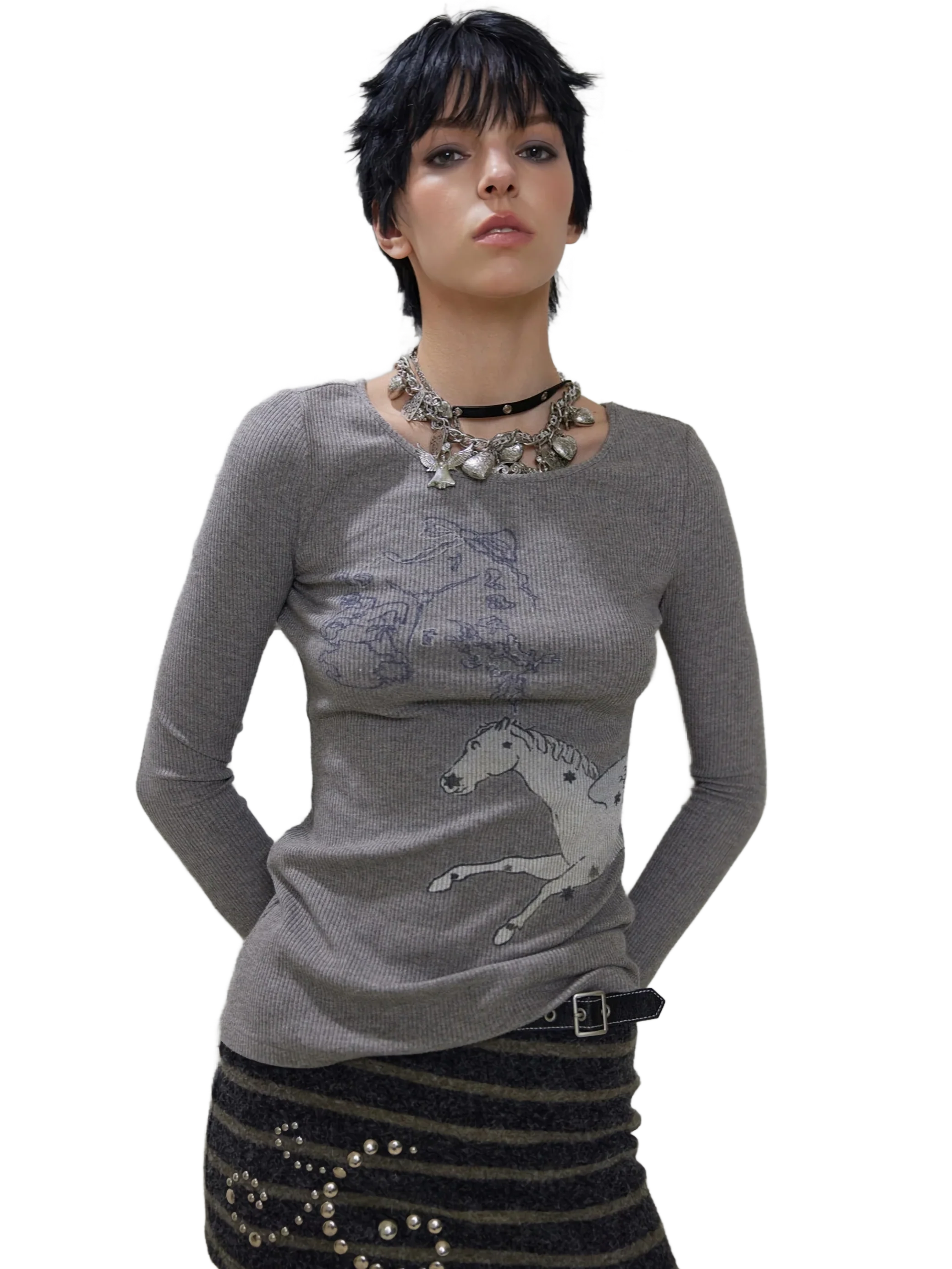 'Equine' Ribbed Knit Long Sleeve Tee