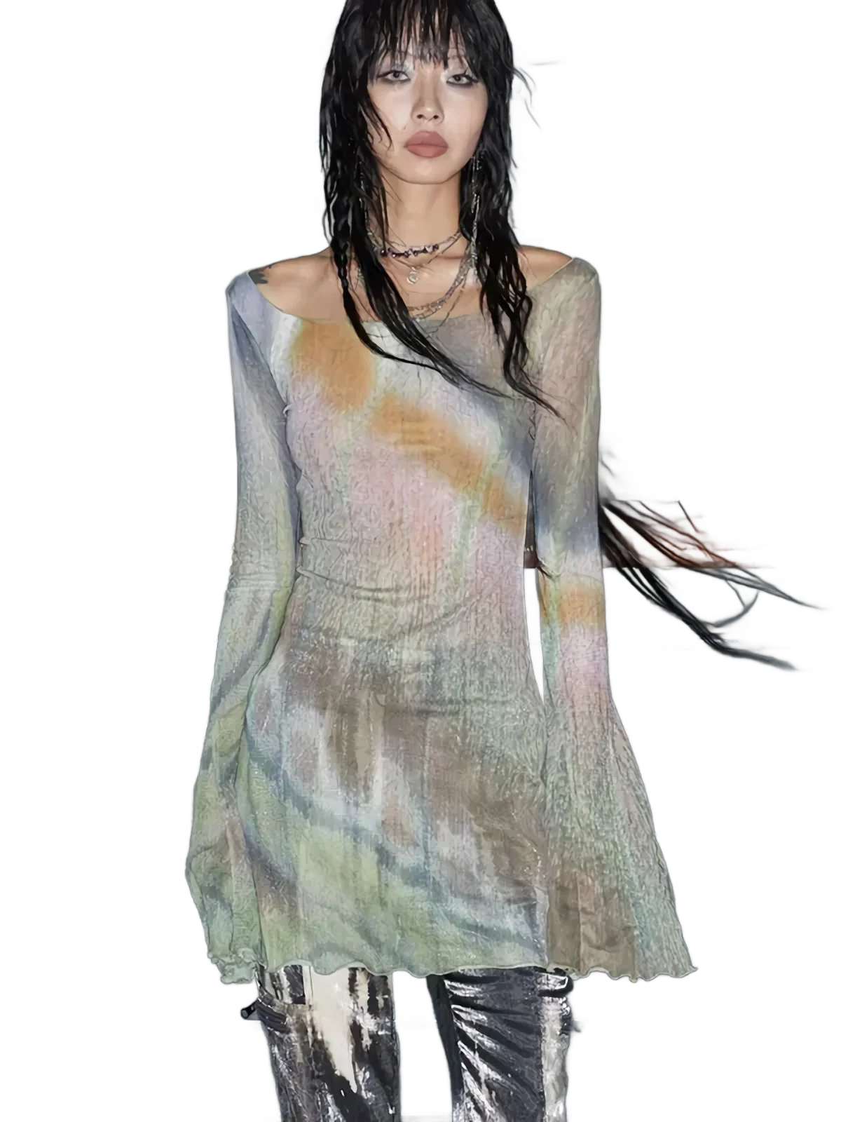 Flare Sleeve Sheer Mesh Top in Abstract Pastel - Image 2