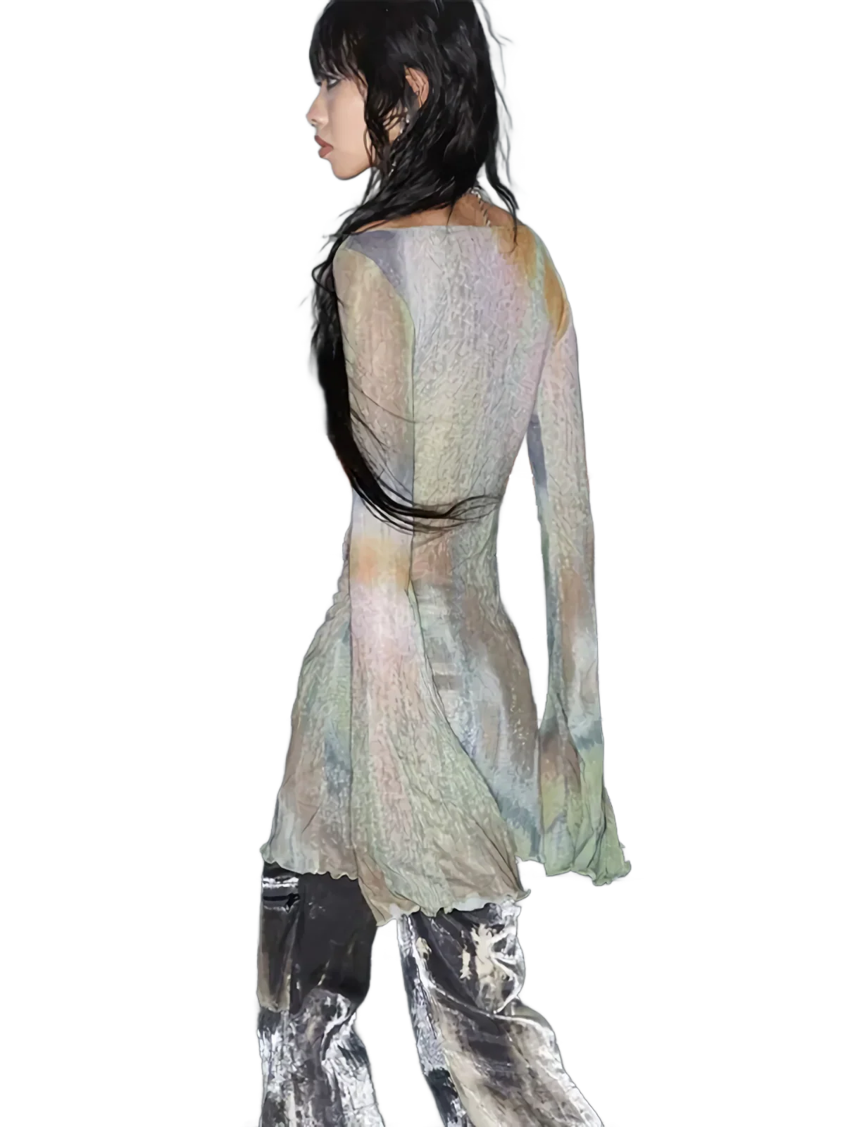 Flare Sleeve Sheer Mesh Top in Abstract Pastel - Image 3