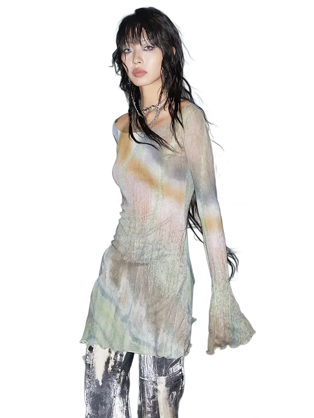 Flare Sleeve Sheer Mesh Top in Abstract Pastel - Image 4