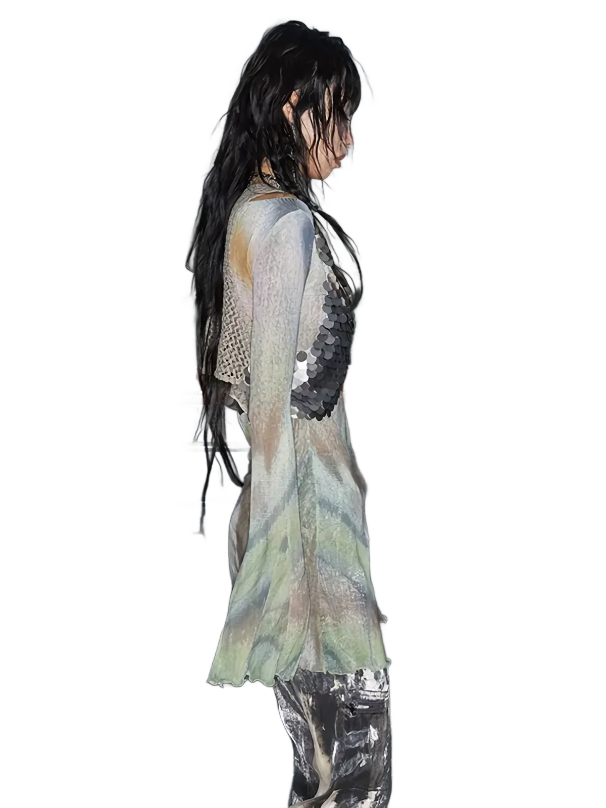Flare Sleeve Sheer Mesh Top in Abstract Pastel - Image 5