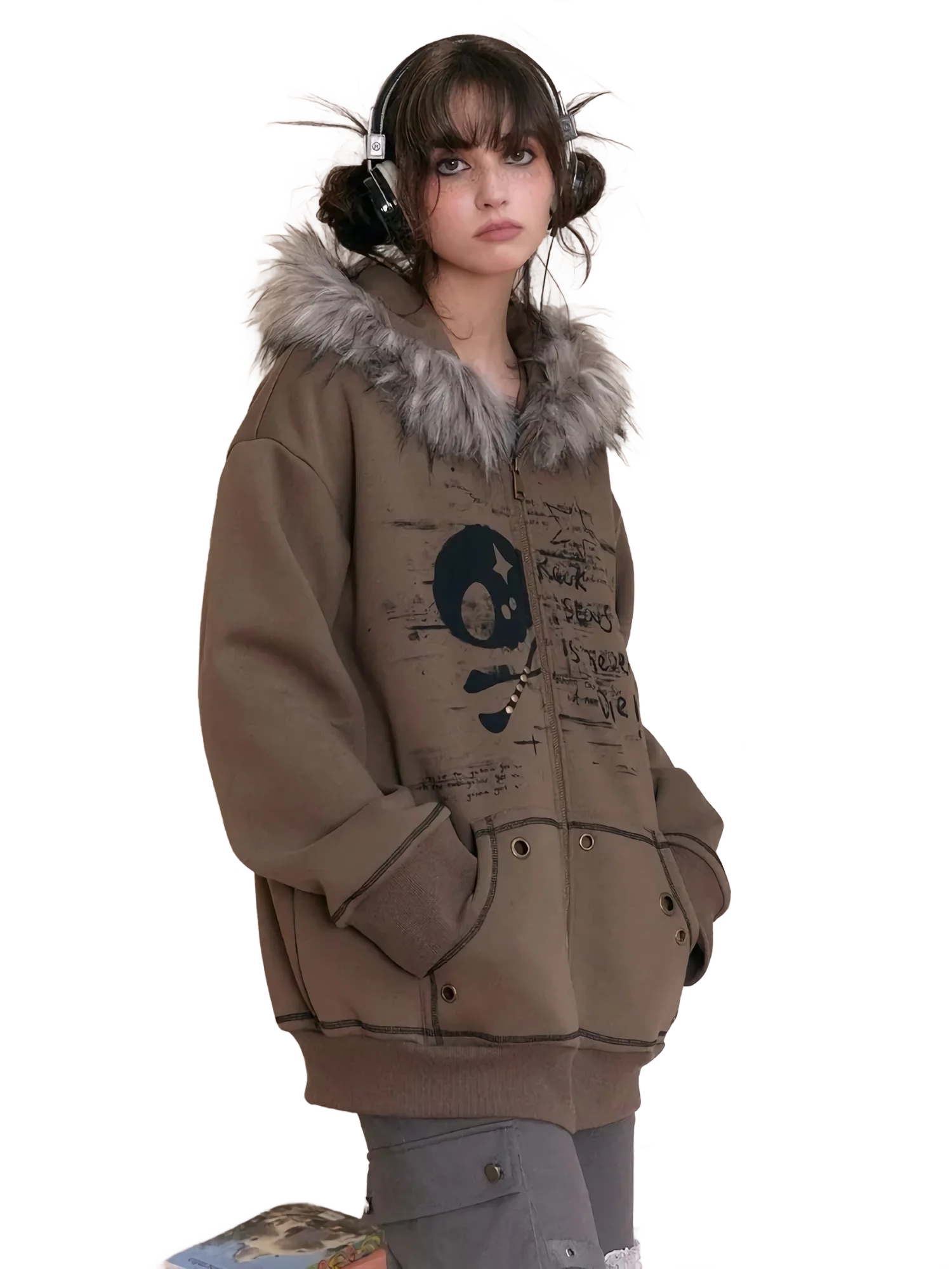 'Forgotten' Fur-Trimmed Oversized Cotton Hoodie