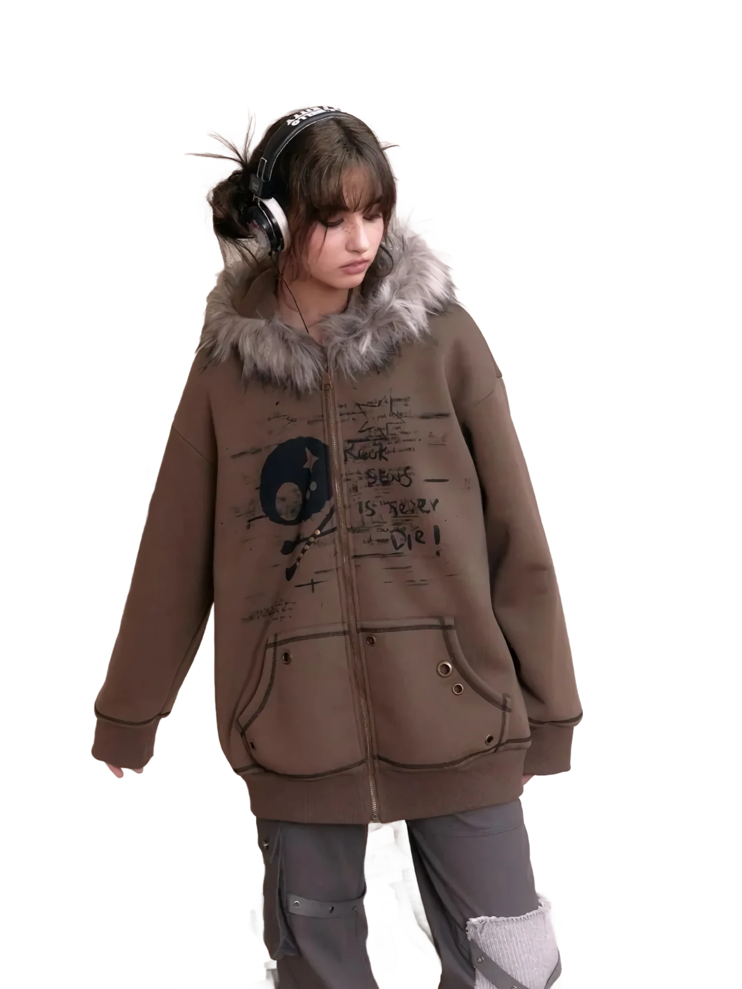 'Forgotten' Fur-Trimmed Oversized Cotton Hoodie - Image 2