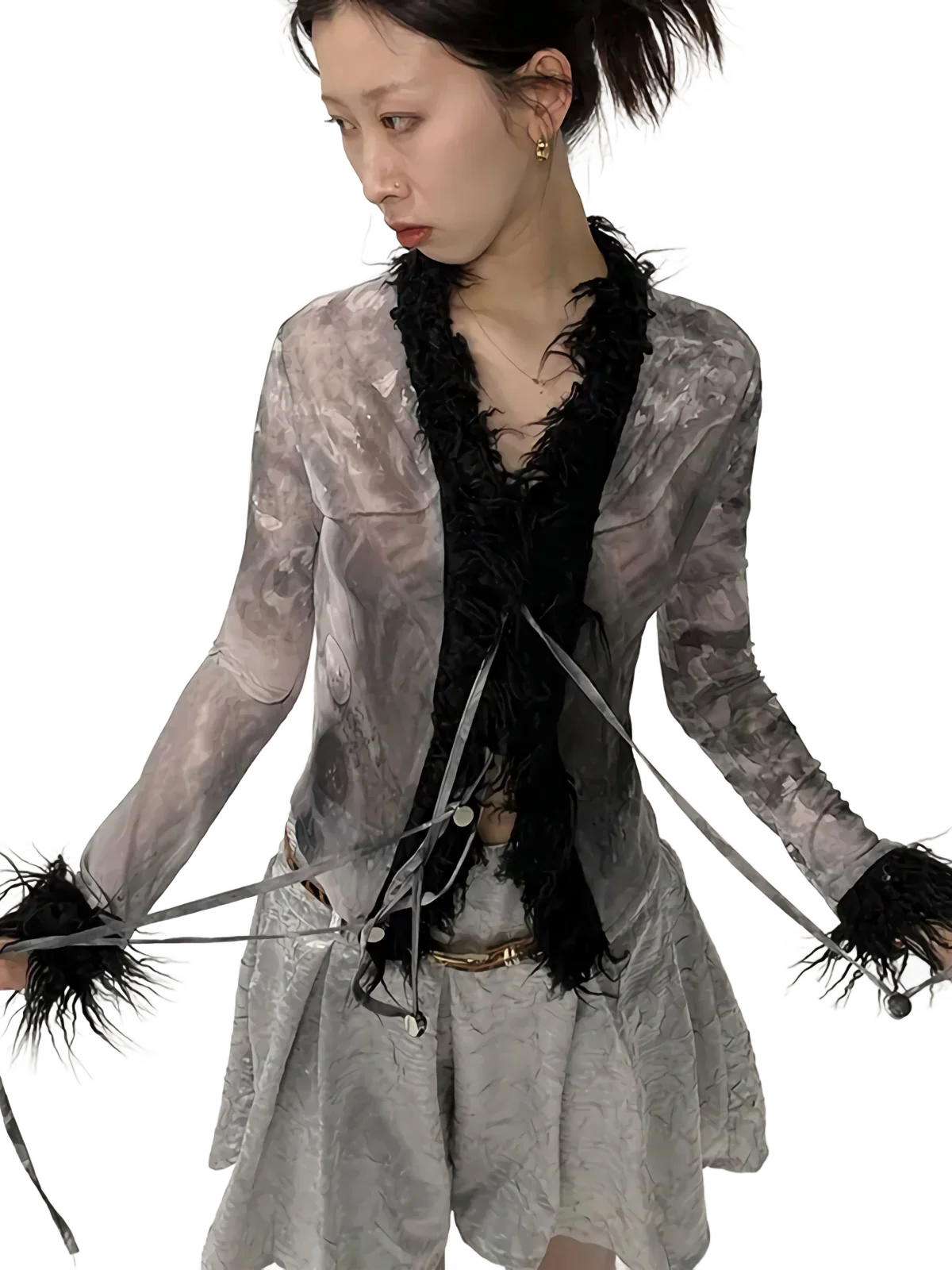 'Glamour' Abstract Fur Trim Blouse - Image 3