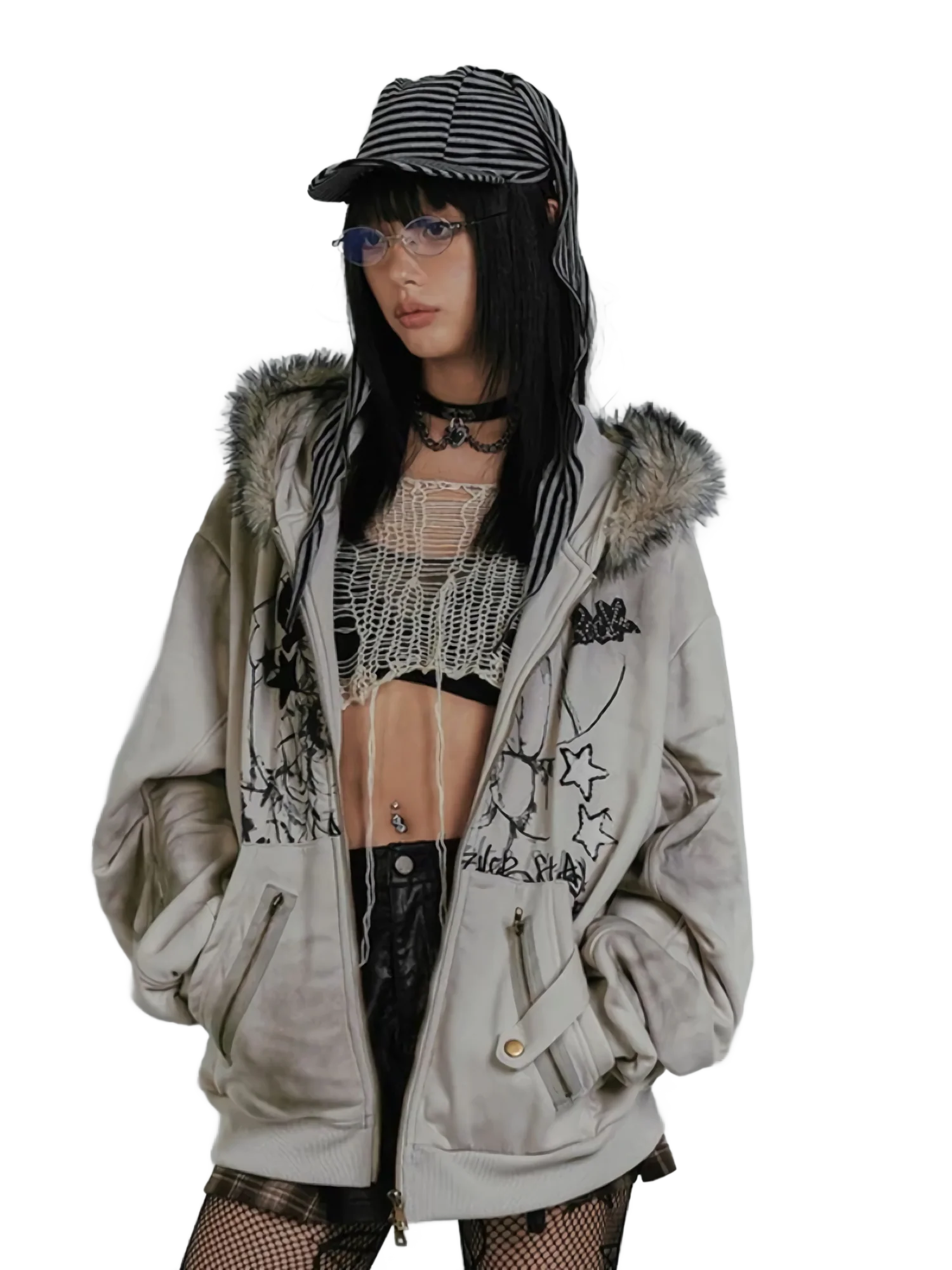 'Haze' Fur-Trimmed Oversized Cotton Hoodie