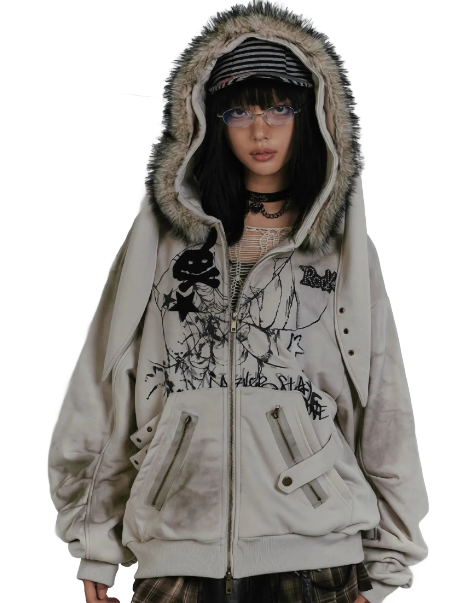 'Haze' Fur-Trimmed Oversized Cotton Hoodie - Image 2