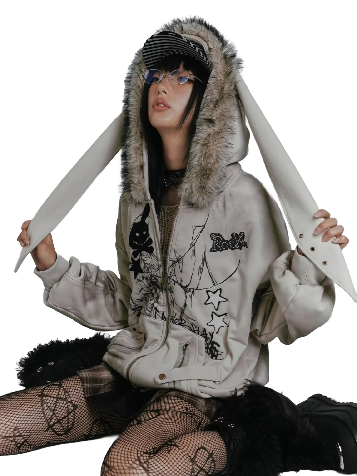 'Haze' Fur-Trimmed Oversized Cotton Hoodie - Image 6