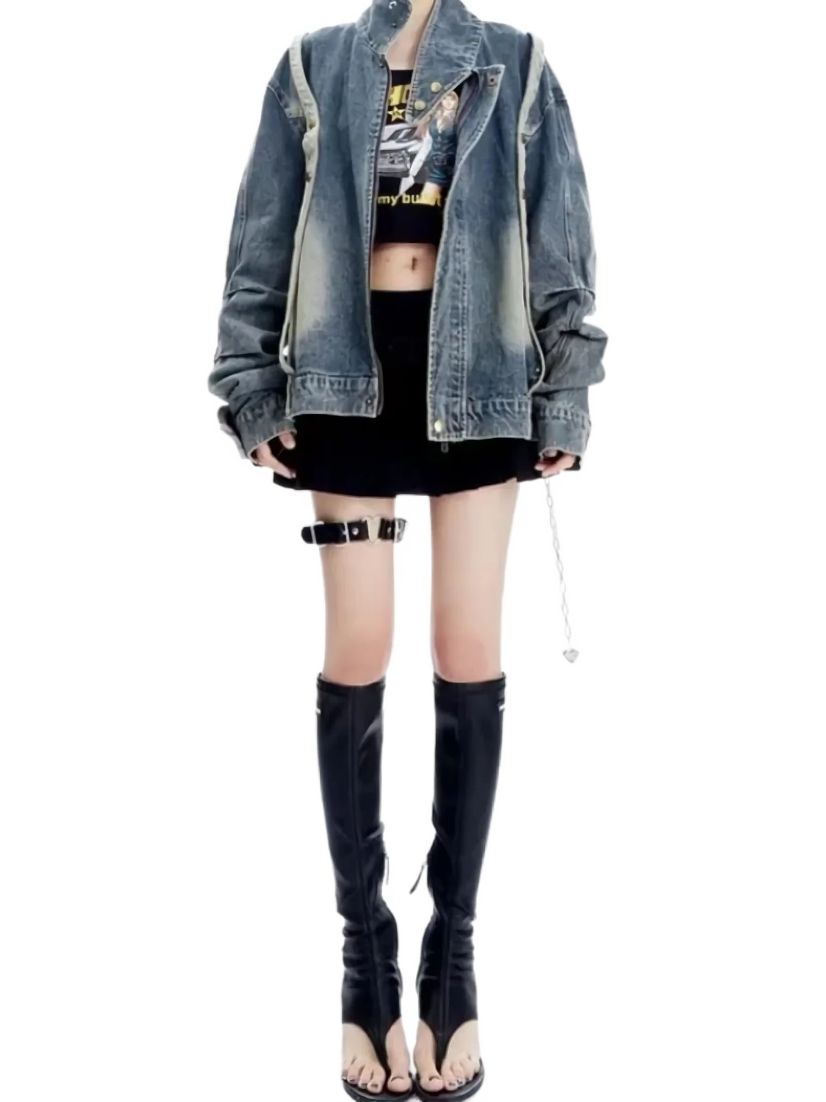 Heavy Retro Wash Strapped Denim Jacket - Image 5