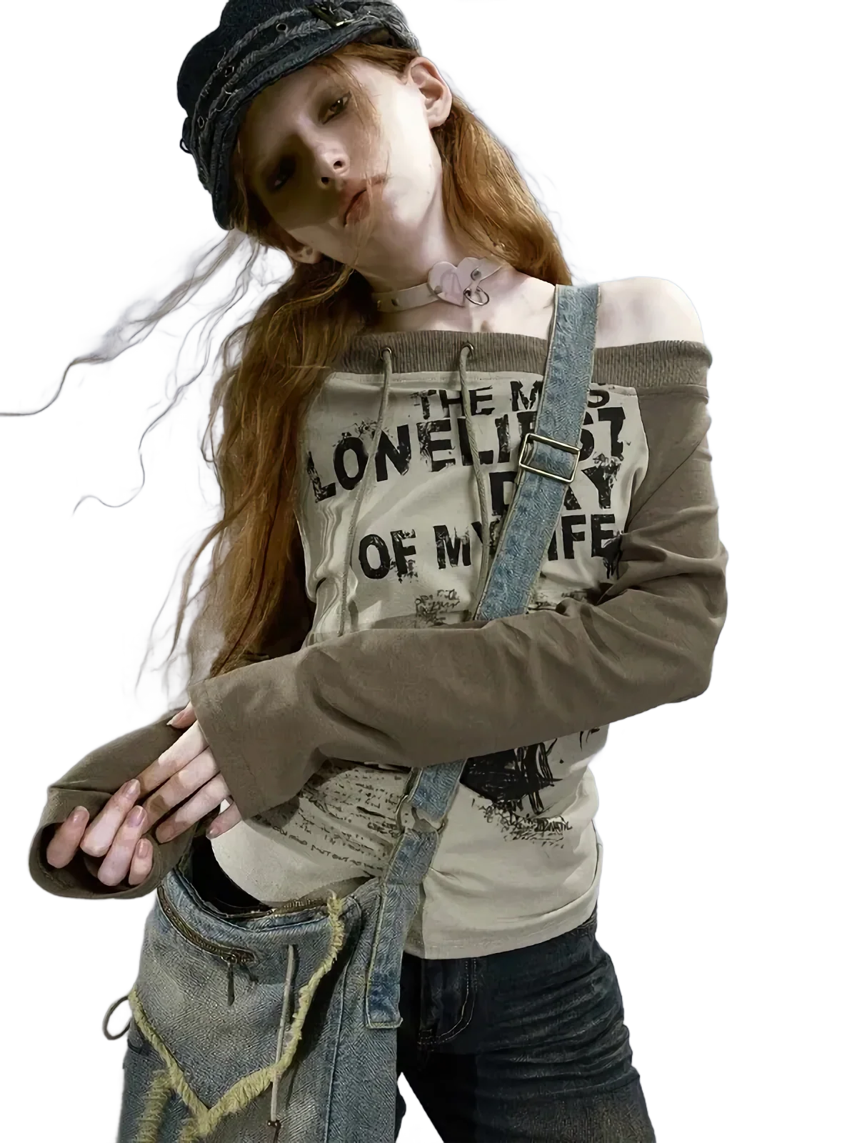 'Lonely' Off-Shoulder Long Sleeve Cotton Tee