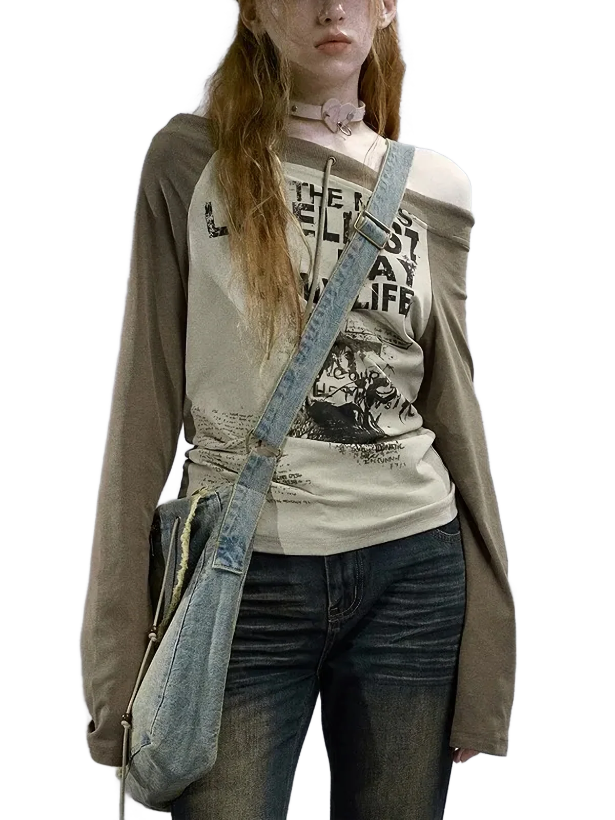 'Lonely' Off-Shoulder Long Sleeve Cotton Tee - Image 2