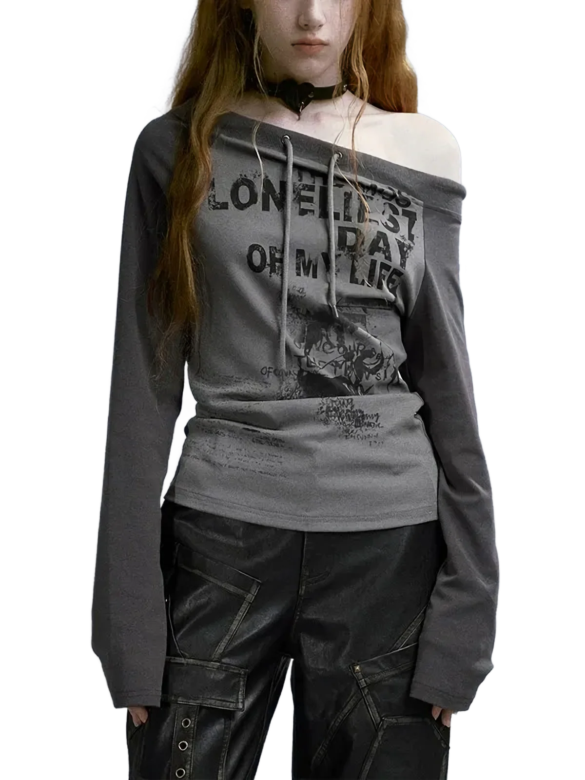 'Lonely' Off-Shoulder Long Sleeve Cotton Tee - Image 4