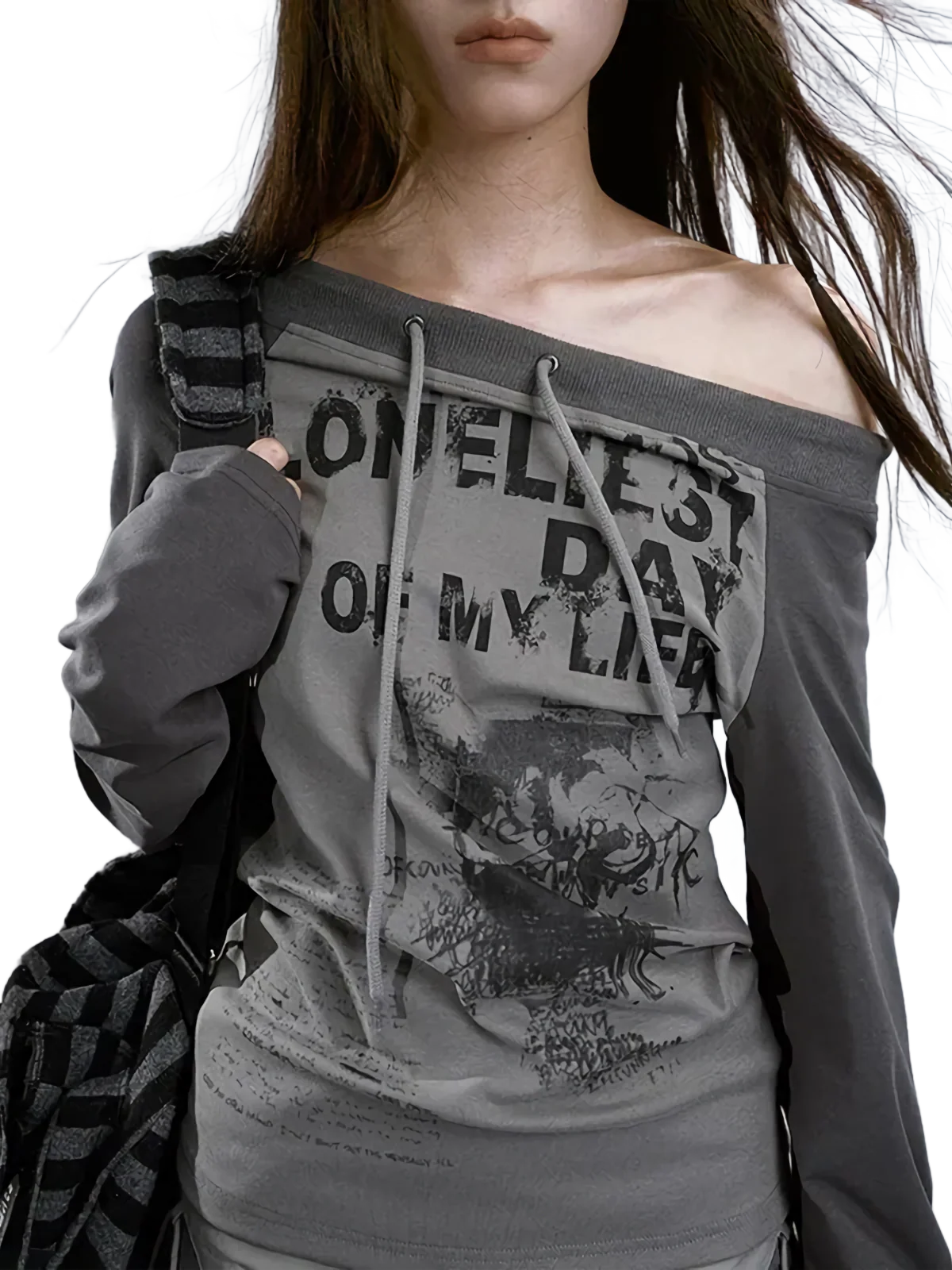 'Lonely' Off-Shoulder Long Sleeve Cotton Tee - Image 5