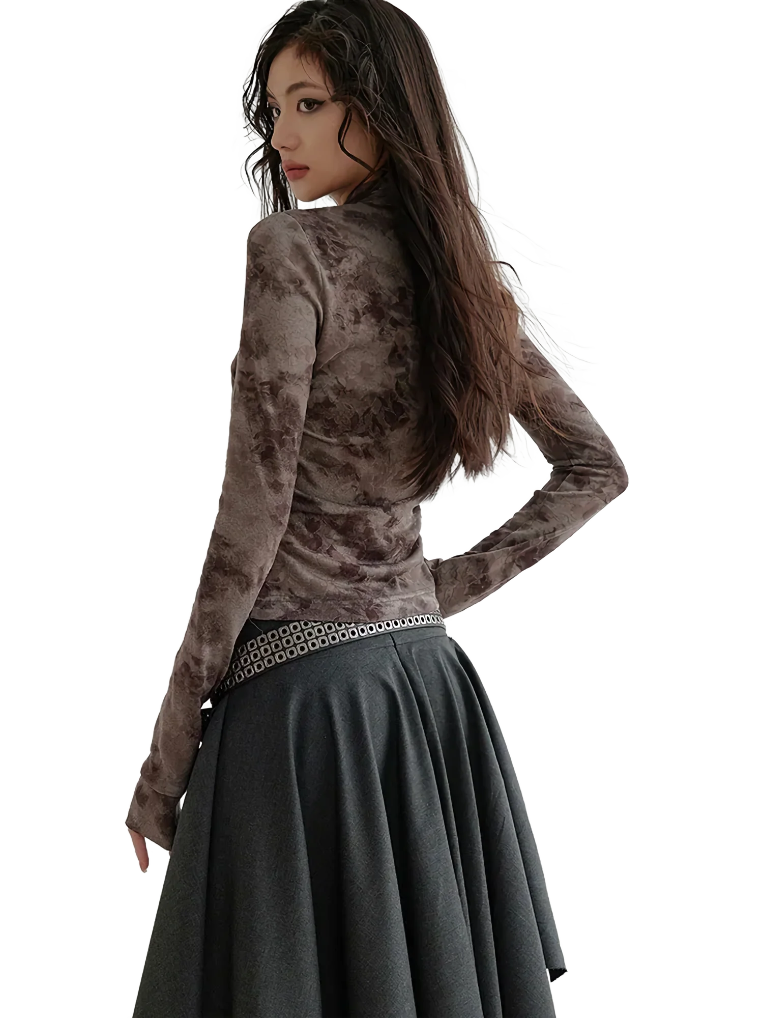 Marbled Chiffon Tie-Neck Buttoned Long Sleeve Top - Image 2