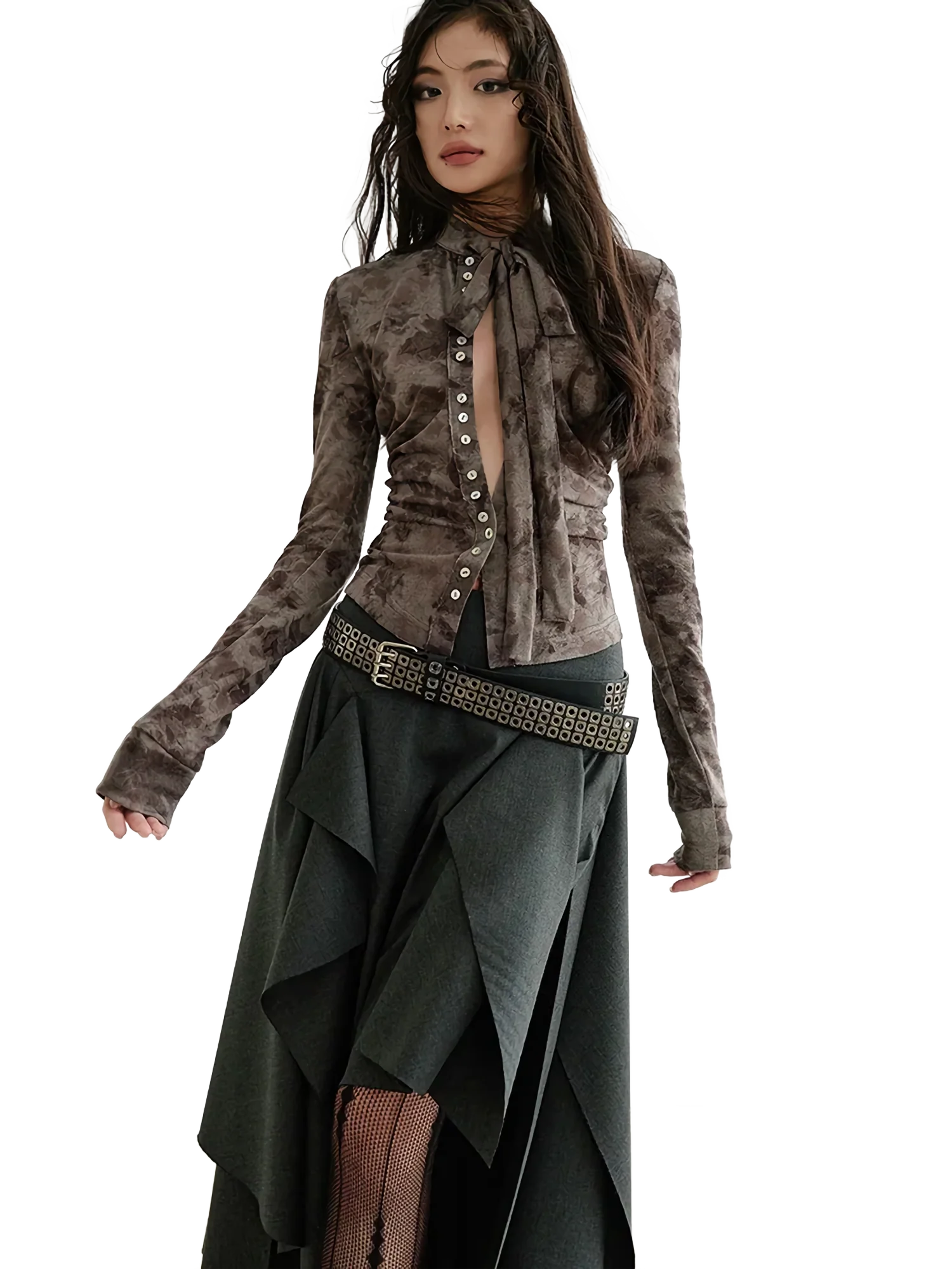 Marbled Chiffon Tie-Neck Buttoned Long Sleeve Top - Image 3