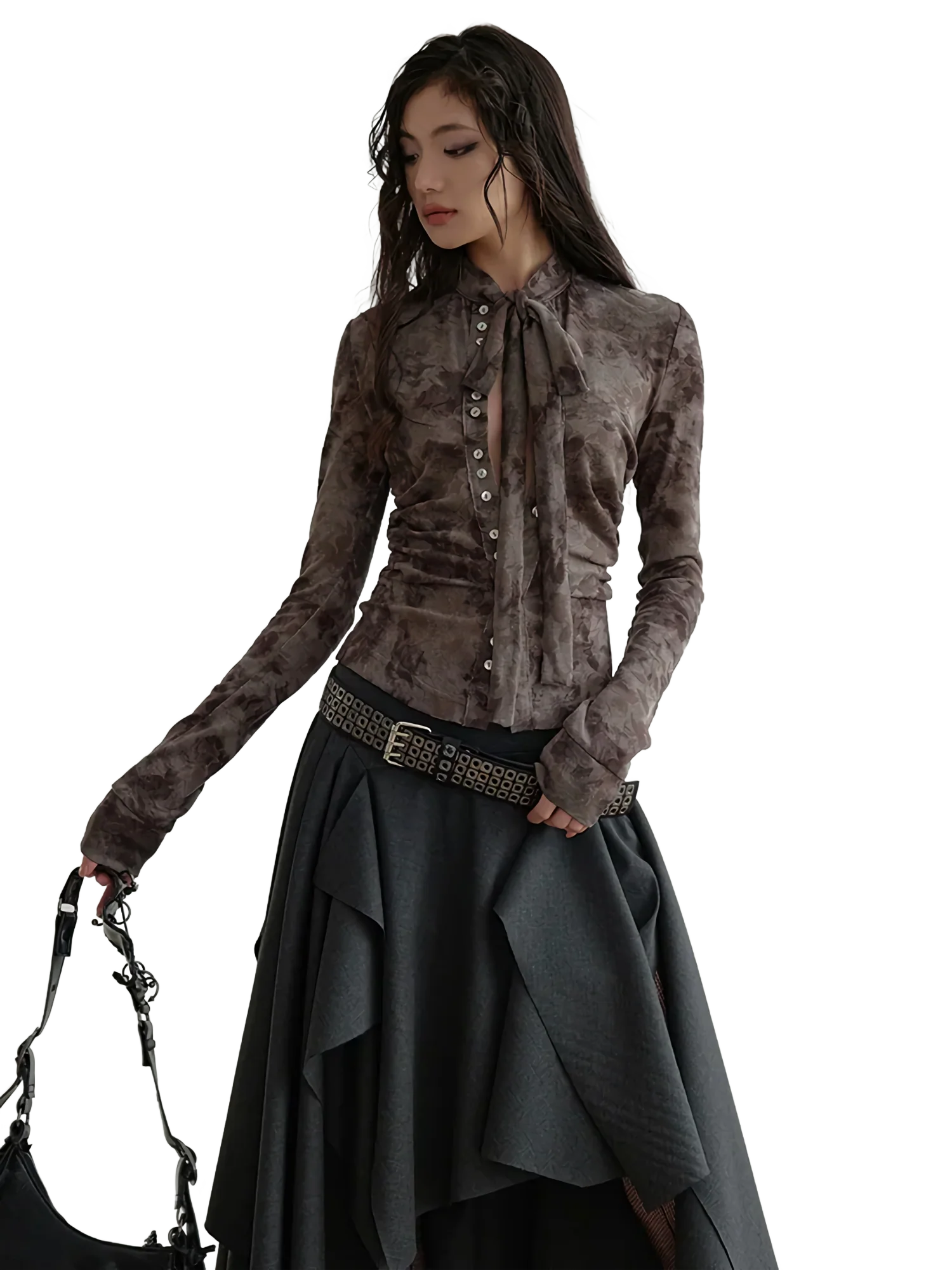 Marbled Chiffon Tie-Neck Buttoned Long Sleeve Top - Image 4