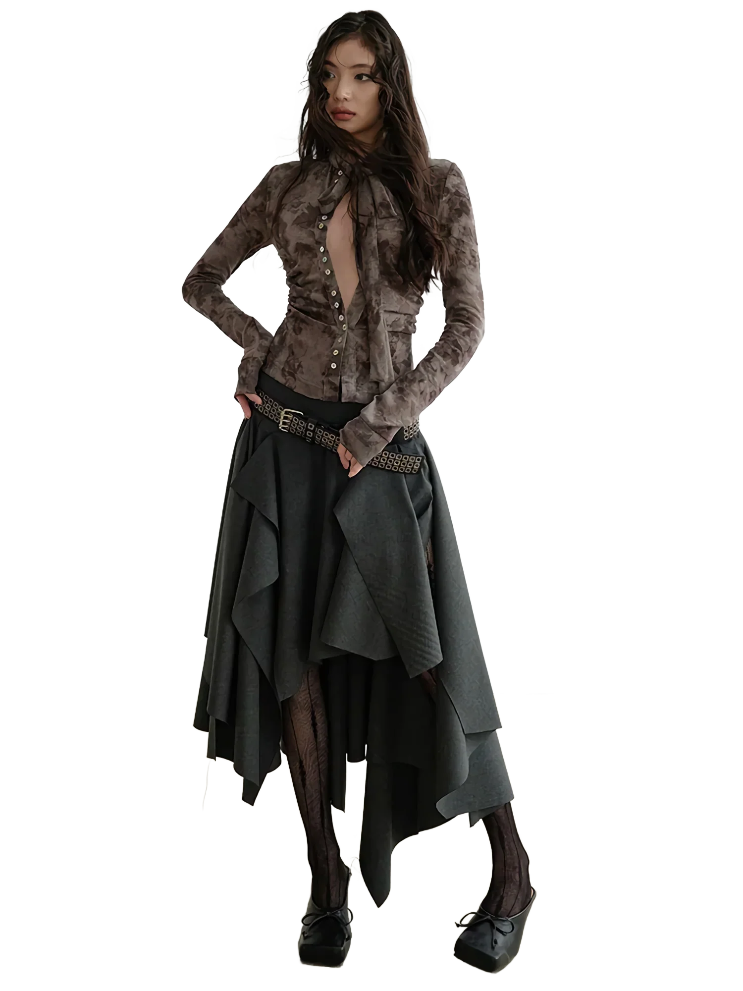 Marbled Chiffon Tie-Neck Buttoned Long Sleeve Top - Image 5