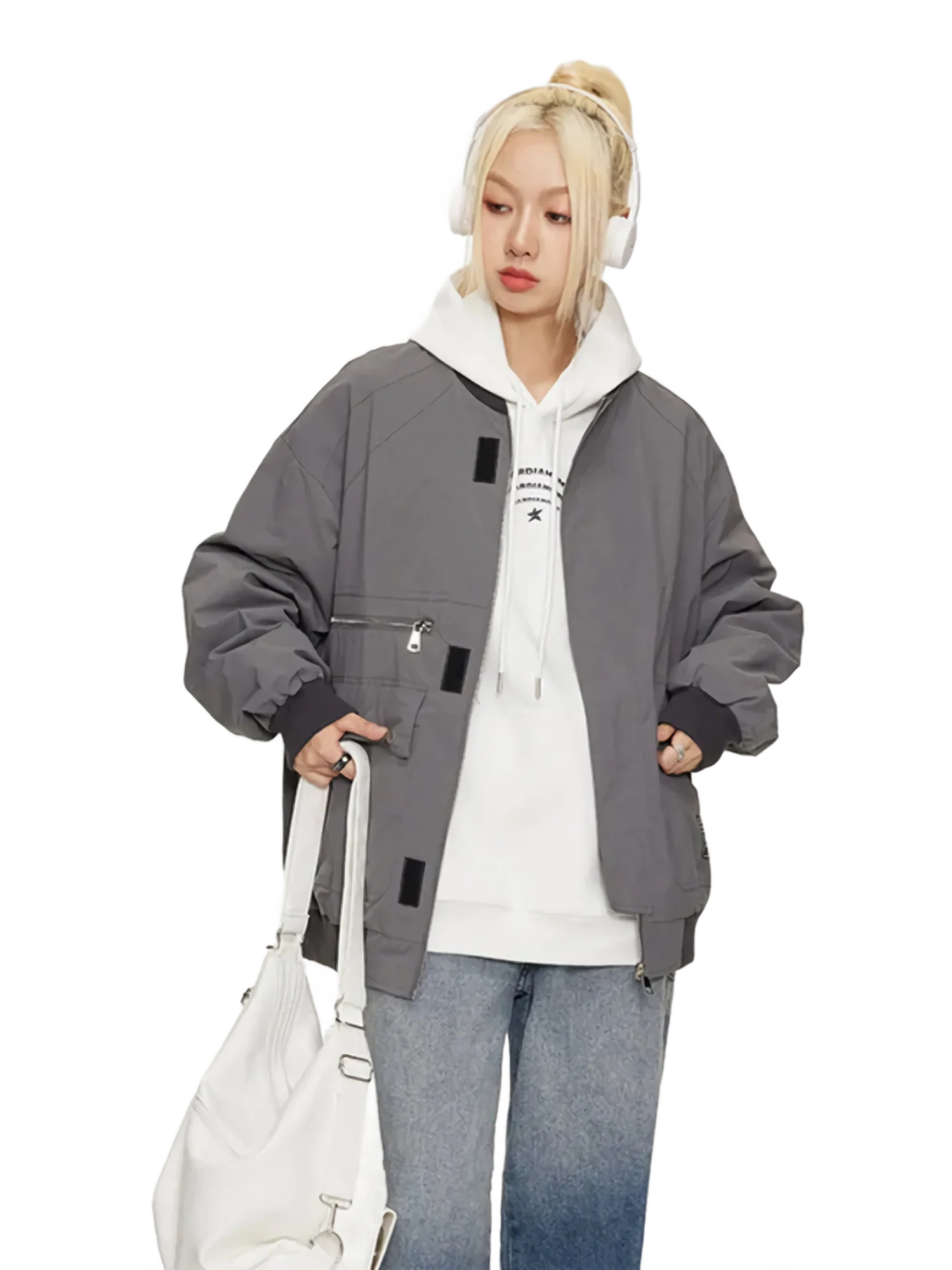 Minimalist Neutral Tone Bomber Jacket - Image 3
