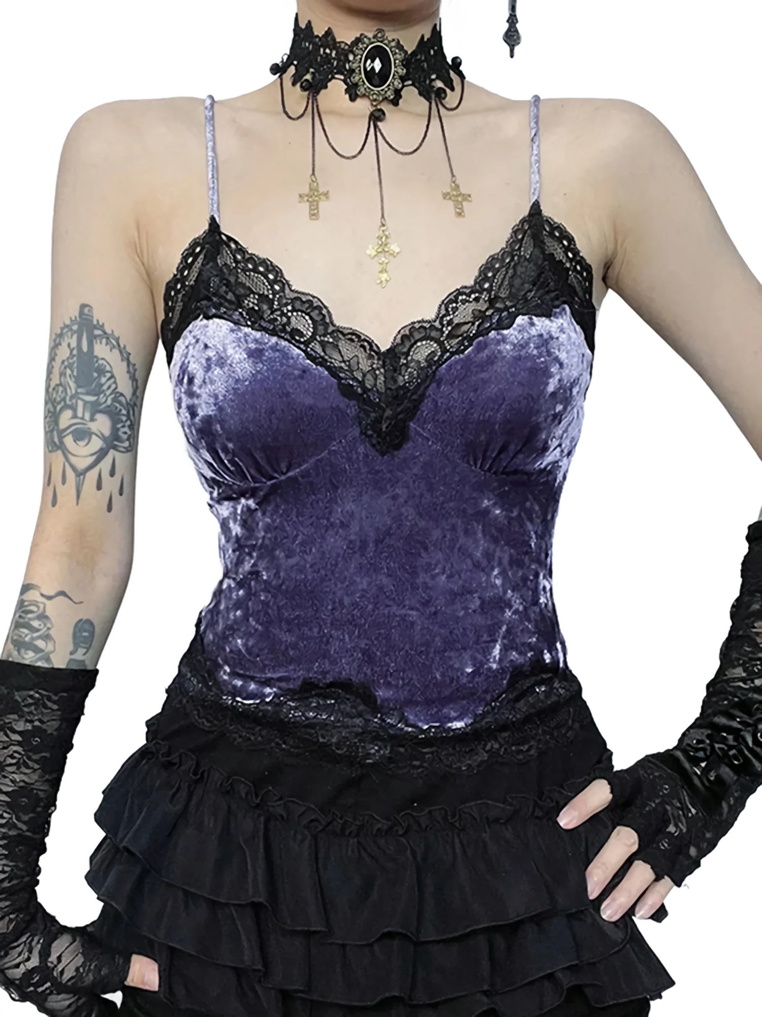 'Nocte' Velvet Lace Camisole Mini Dress Set - Image 3