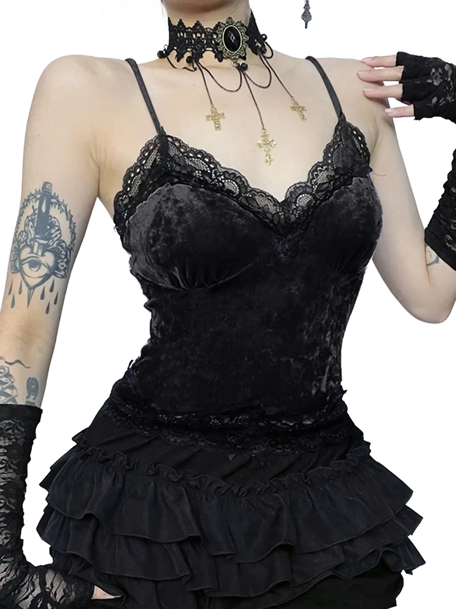'Nocte' Velvet Lace Camisole Mini Dress Set - Image 5