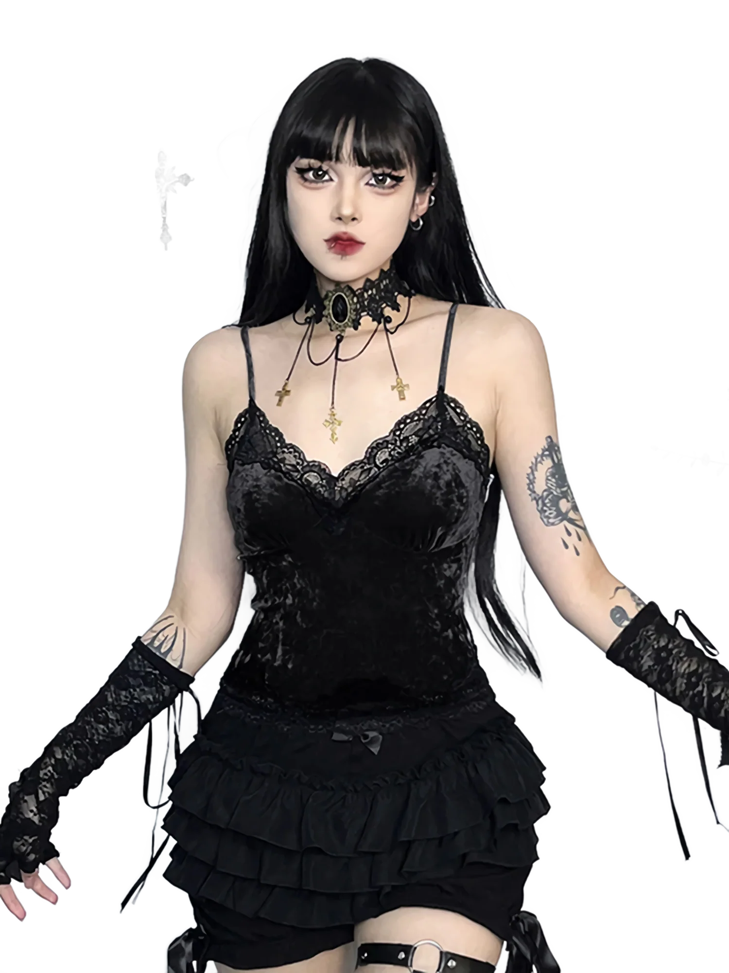 'Nocte' Velvet Lace Camisole Mini Dress Set - Image 6