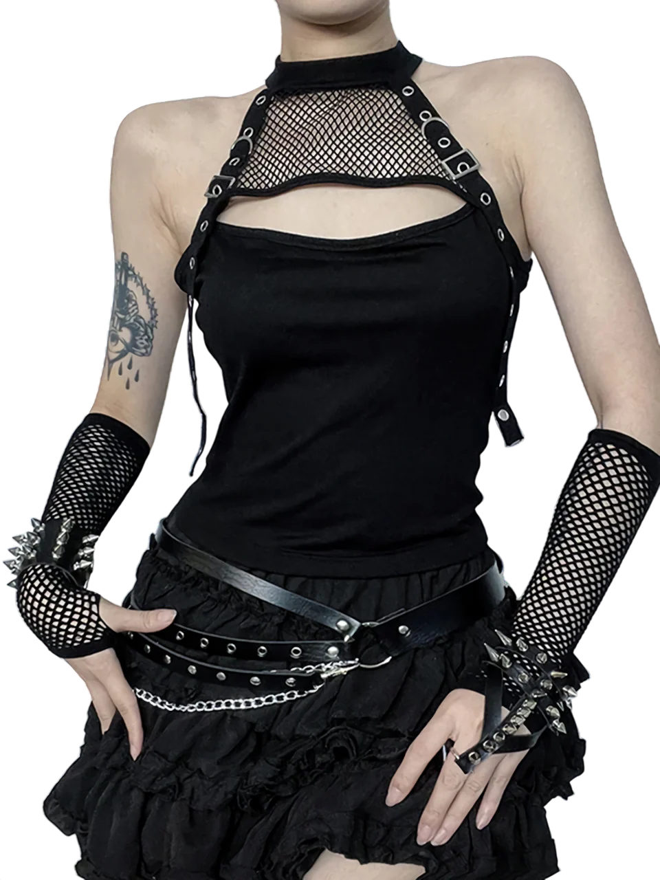 'Nocturnal' Belted Mesh Halter Tank Top
