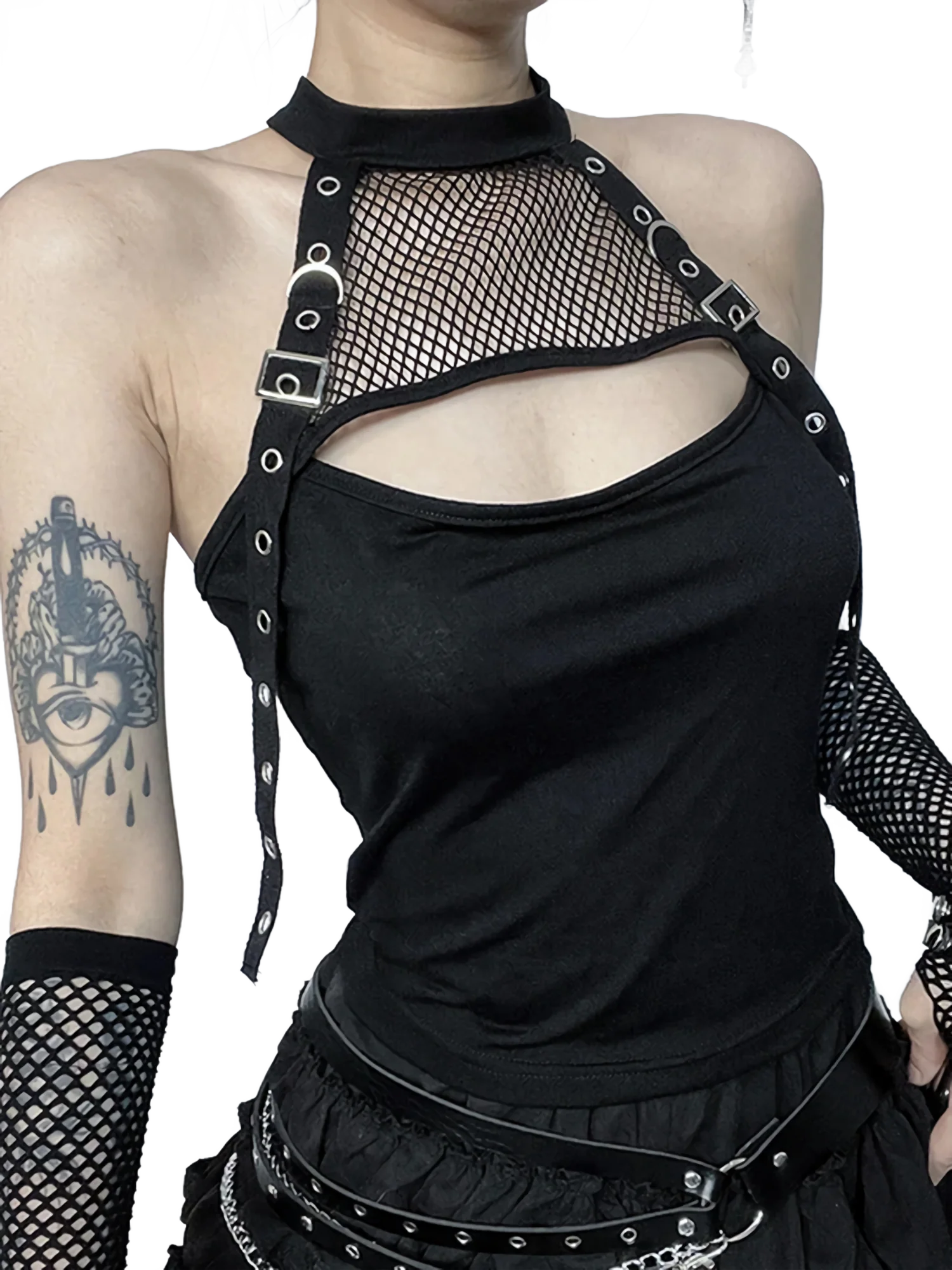 'Nocturnal' Belted Mesh Halter Tank Top - Image 2