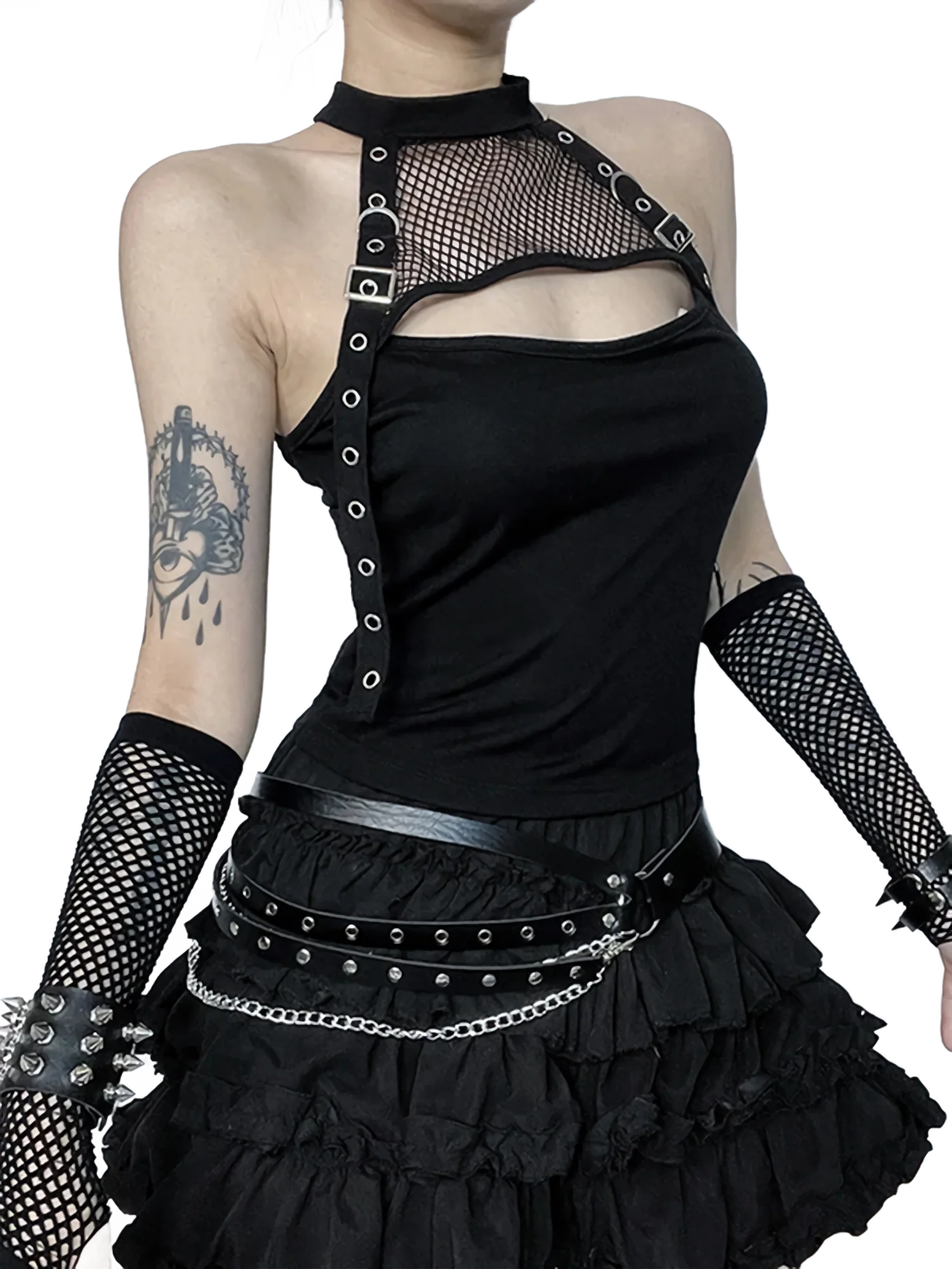 'Nocturnal' Belted Mesh Halter Tank Top - Image 3