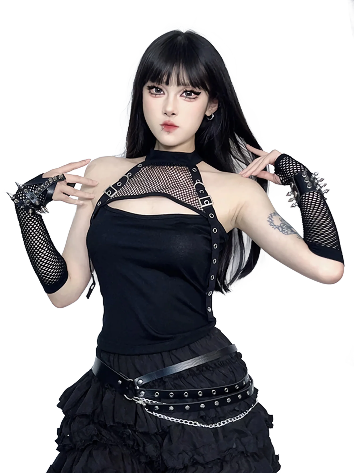 'Nocturnal' Belted Mesh Halter Tank Top - Image 5