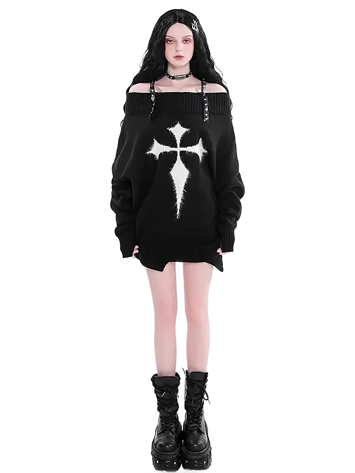 Off Shoulder Knit Sweater with Leather Straps - Image 3