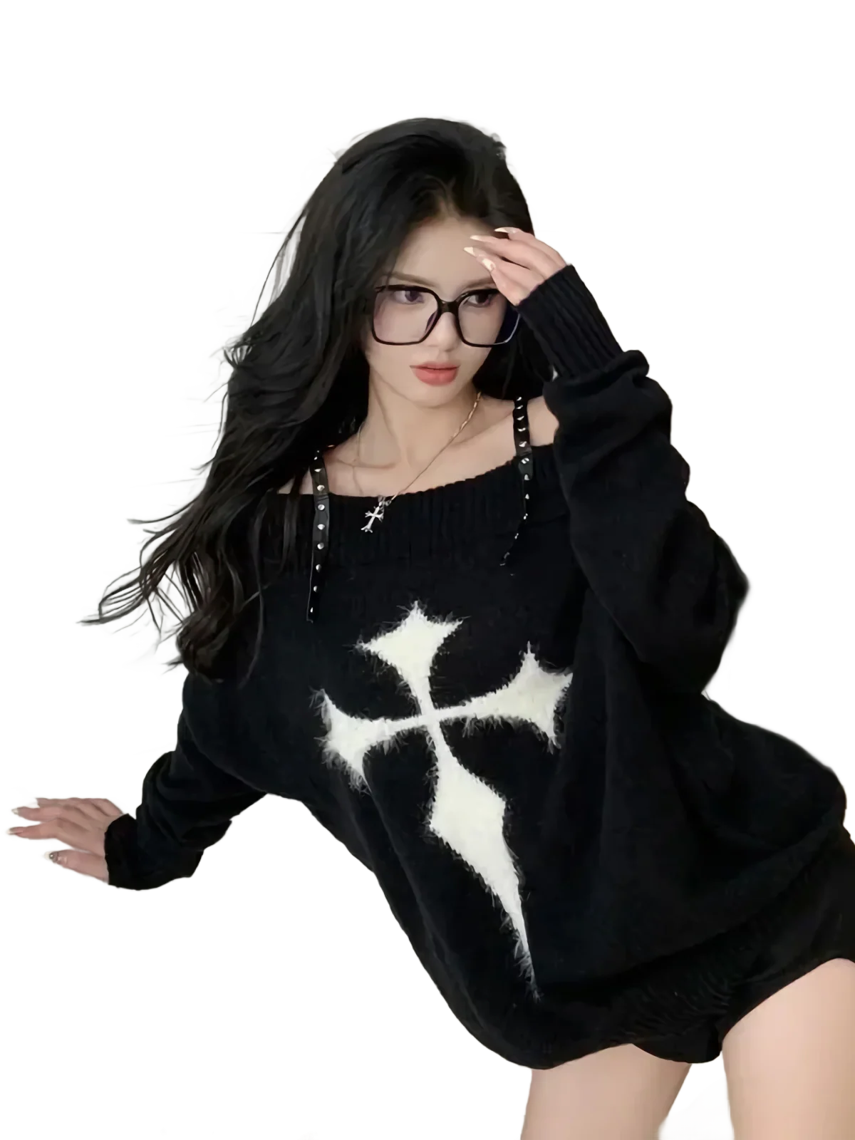 Off Shoulder Knit Sweater with Leather Straps - Image 5