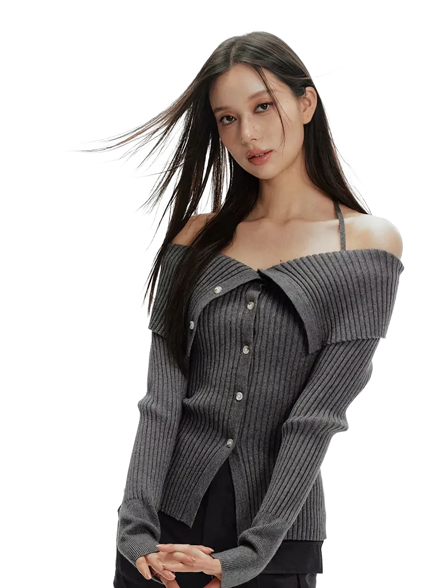 Off-Shoulder Ribbed Knit Cardigan
