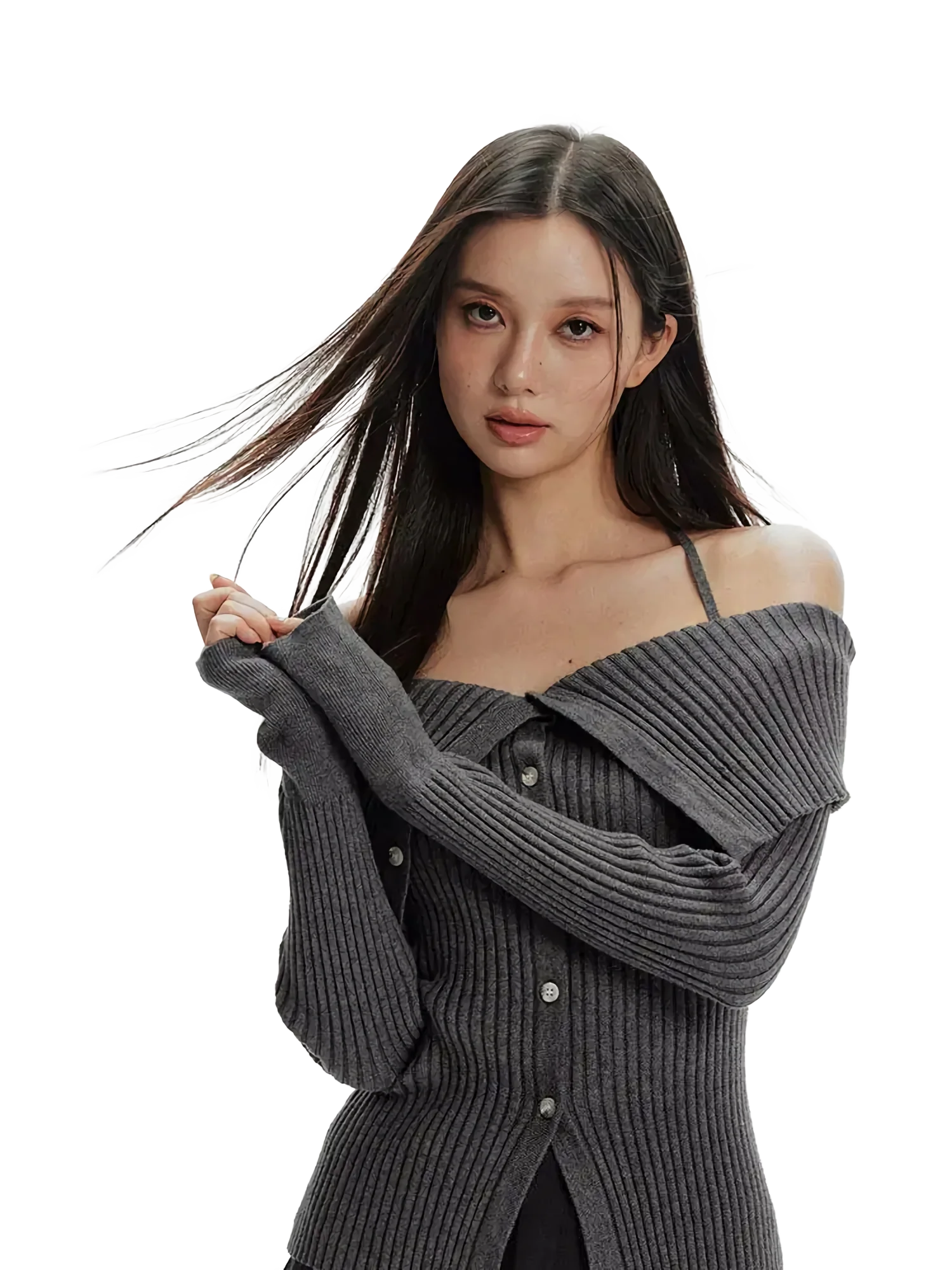 Off-Shoulder Ribbed Knit Cardigan - Image 2