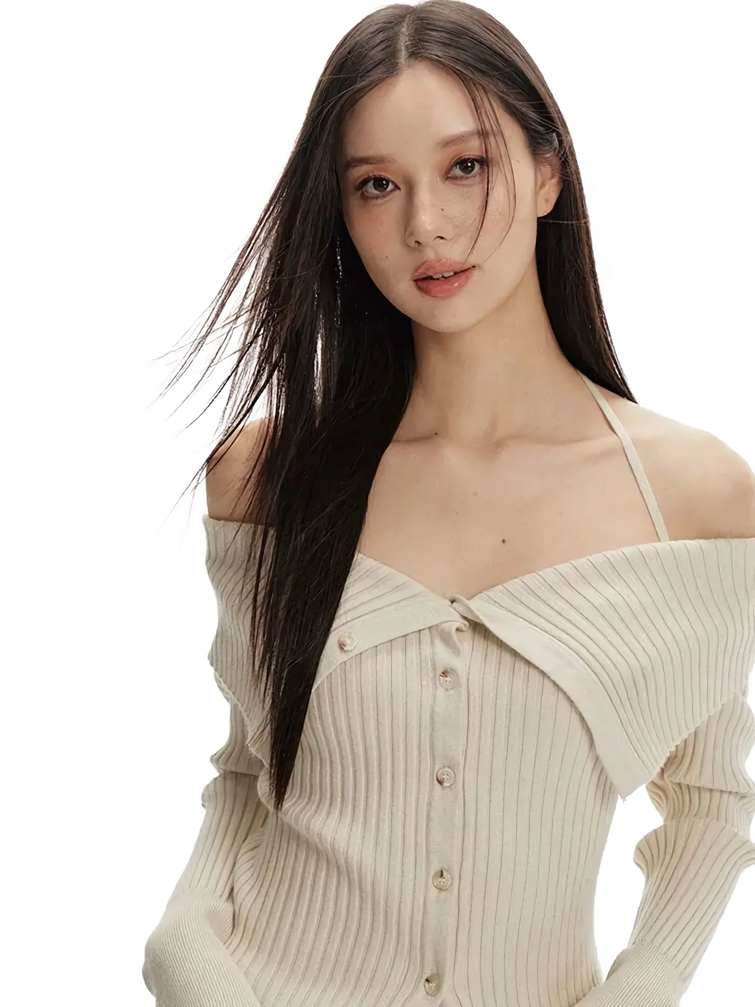 Off-Shoulder Ribbed Knit Cardigan - Image 3