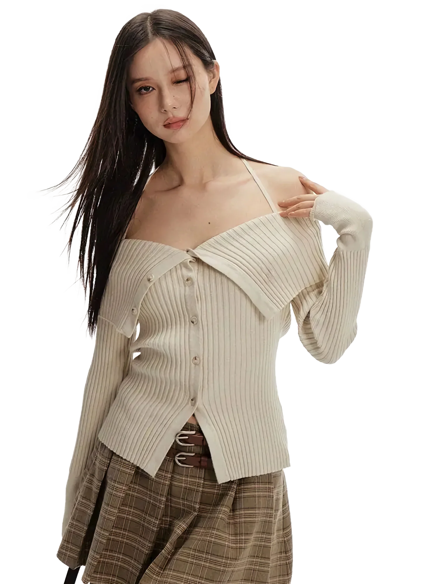 Off-Shoulder Ribbed Knit Cardigan - Image 4