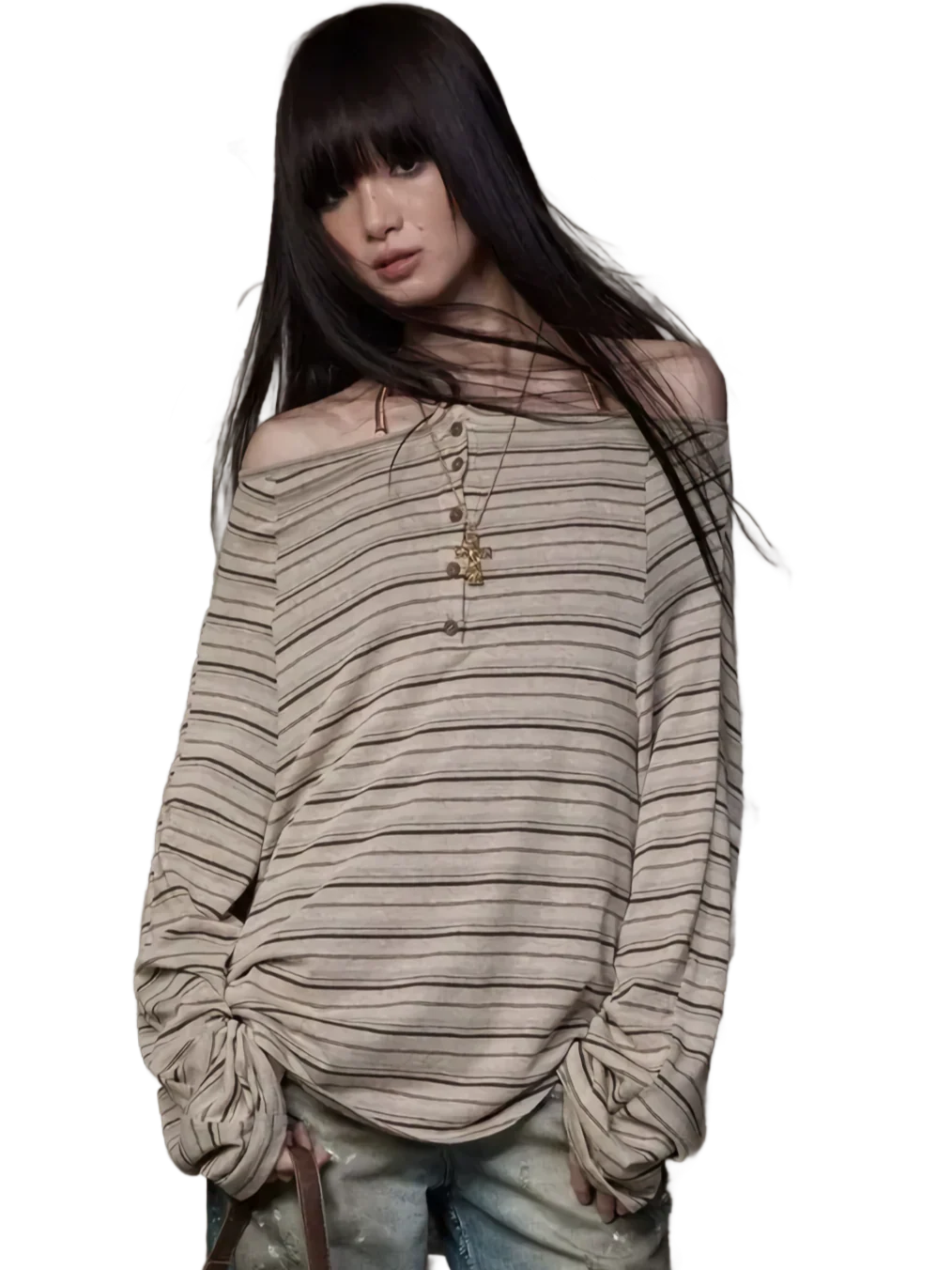 Off-Shoulder Striped Long Sleeve Tee