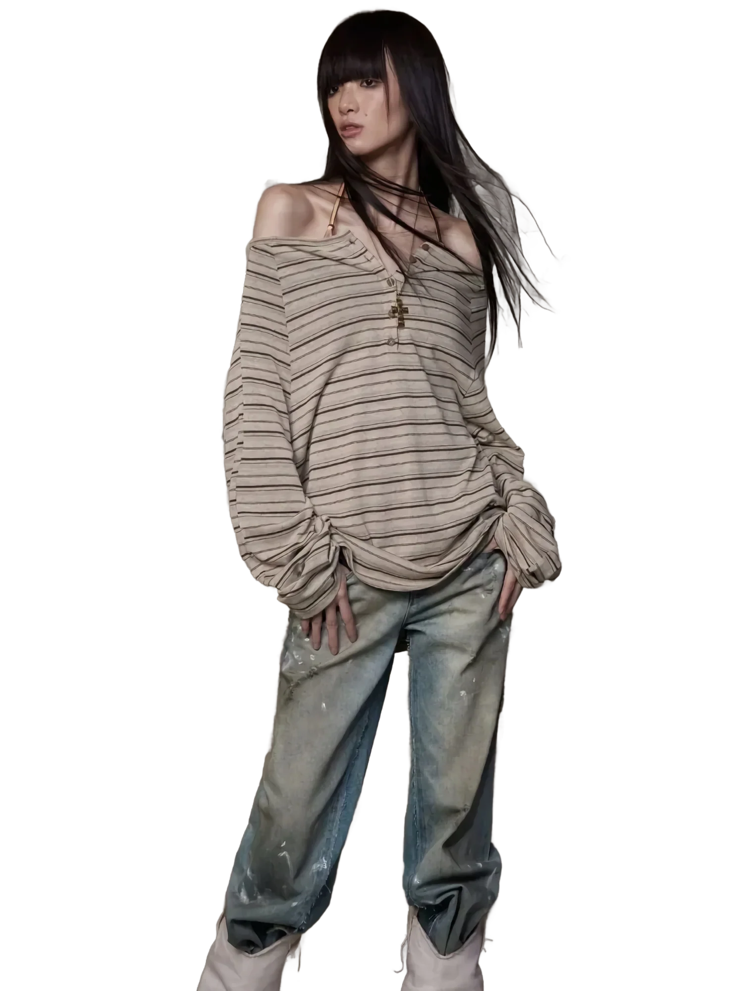 Off-Shoulder Striped Long Sleeve Tee - Image 2